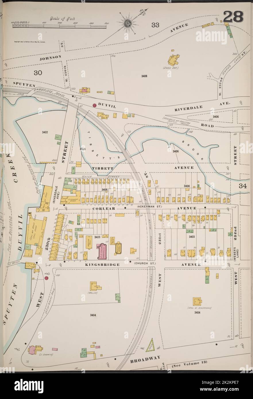 Cartographie, cartes. 1884 - 1936. Lionel Pincus et Princess Firyal Map Division. Assurance incendie , New York (État), immobilier , New York (État), Villes et villages , New York (État) Manhattan, V. 12, plaque no 28 carte délimitée par Johnson Ave., W. 232nd St., Broadway, W. 230th St. Banque D'Images