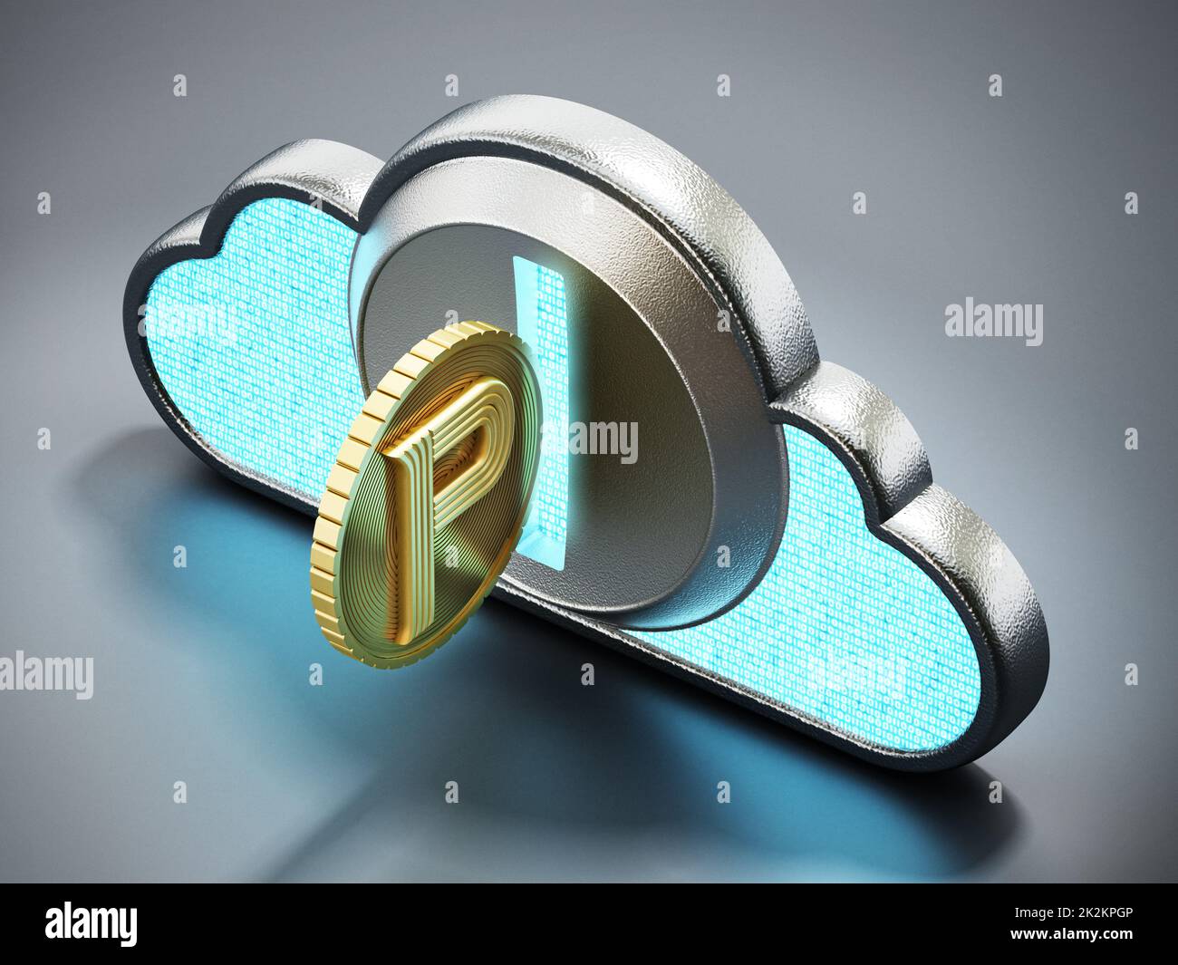 Pièce de monnaie en crypto-monnaie avec comptoir de pièces en forme de nuage. 3D illustration Banque D'Images