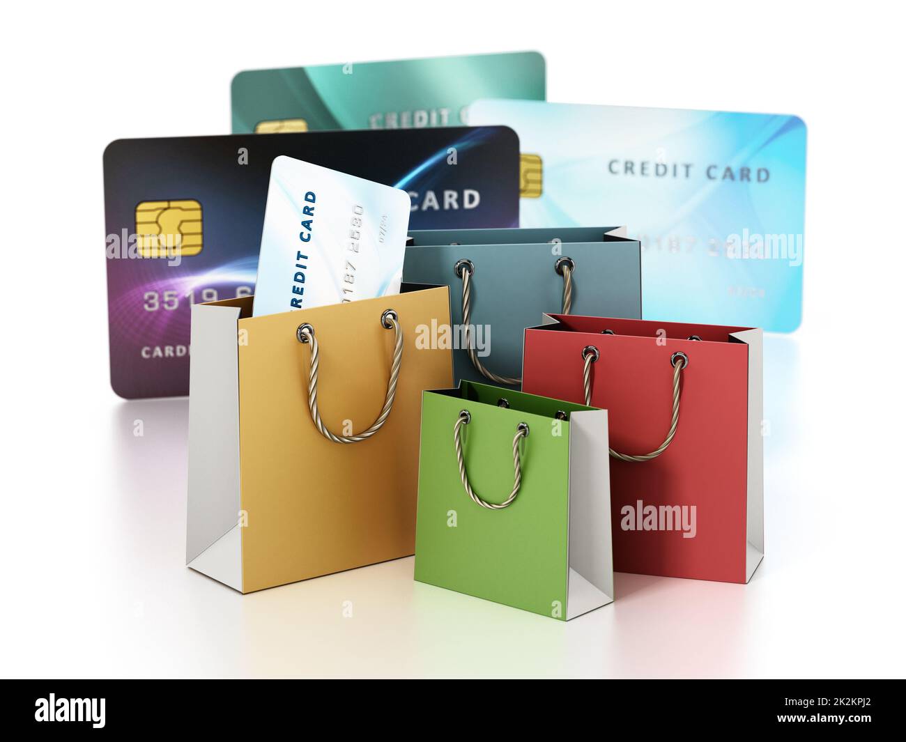 Sacs de shopping et cartes de crédit génériques isolées sur fond blanc. Toutes les informations figurant sur les cartes sont fictives. 3D illustration Banque D'Images