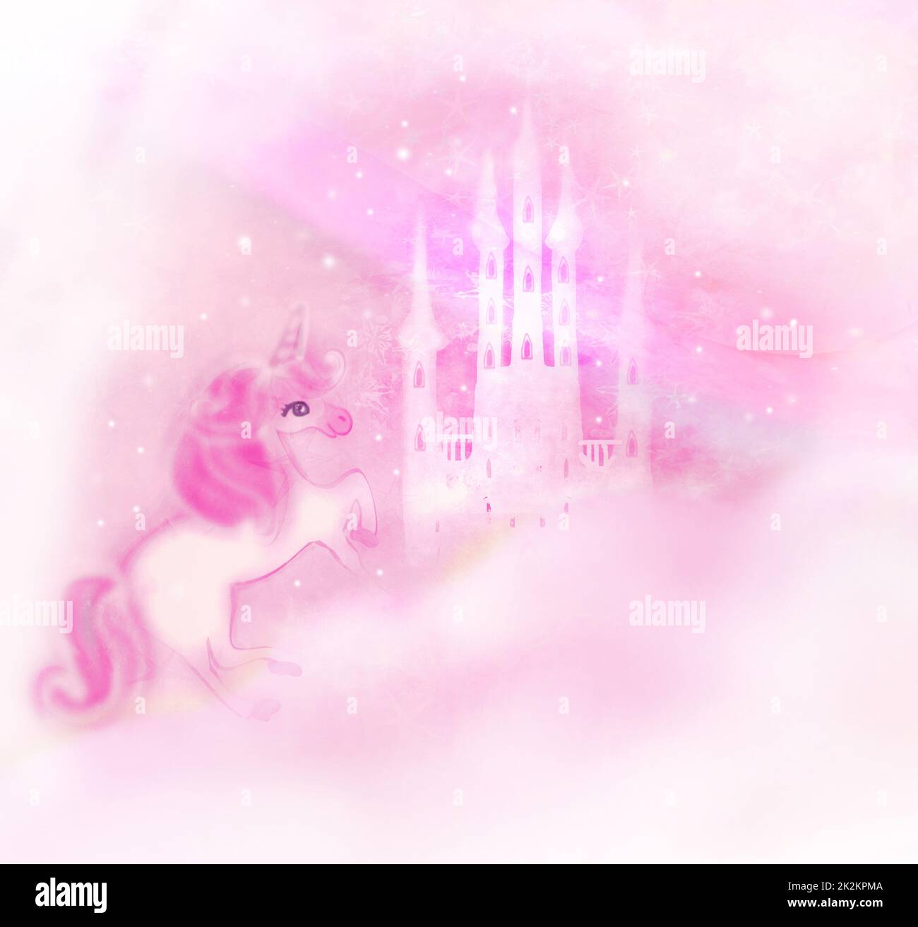 Château dans les nuages et adorable licorne Banque D'Images