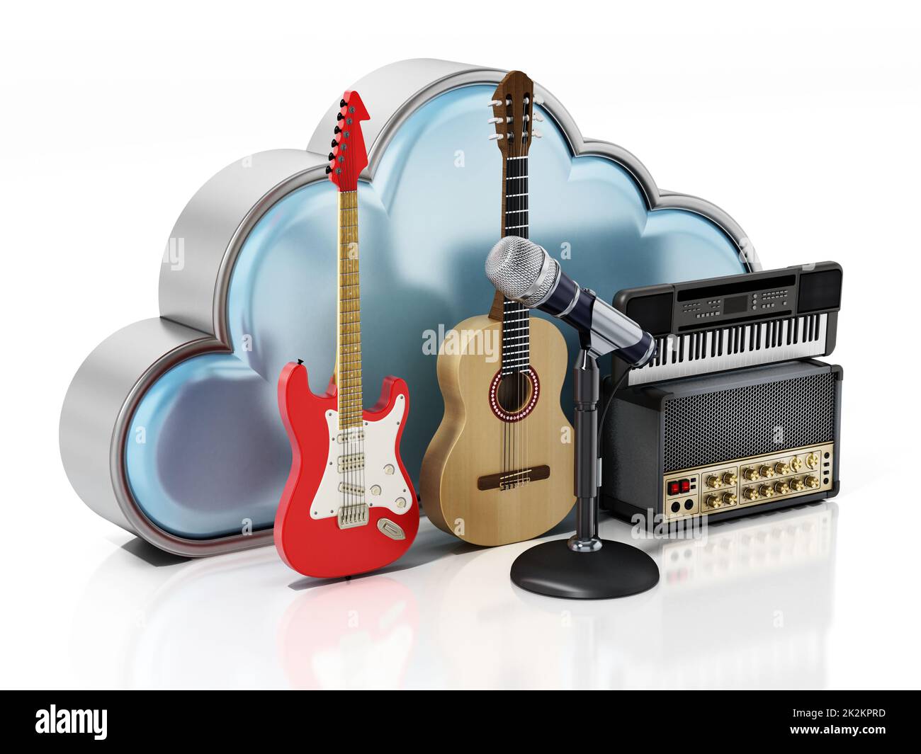Instruments de musique et forme de nuage isolés sur fond blanc. 3D illustration Banque D'Images