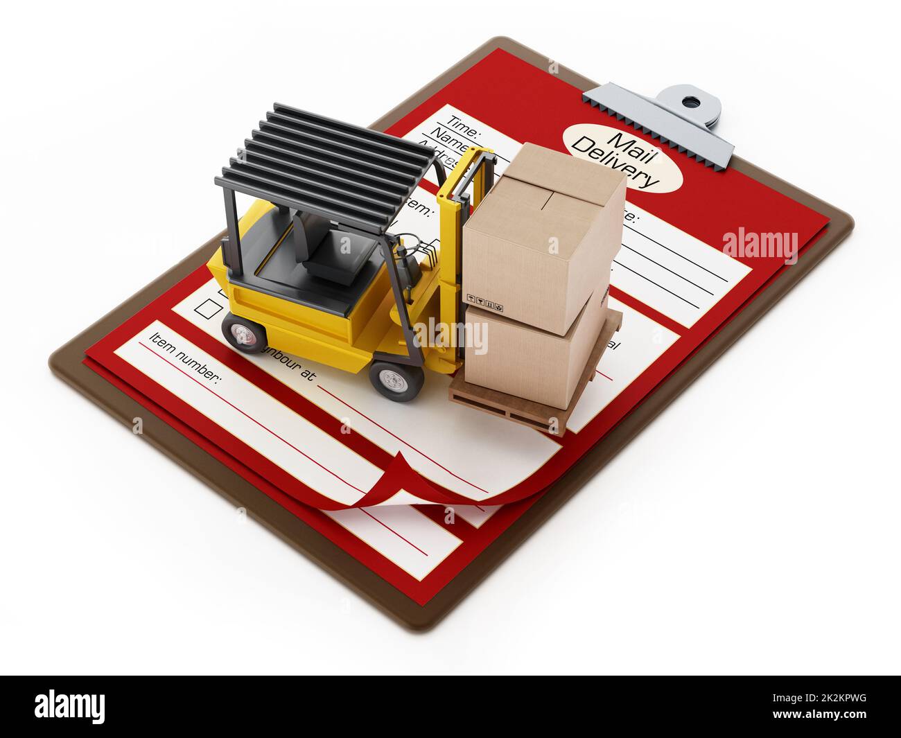 Chariot élévateur, document de livraison sur presse-papiers et globe. 3D illustration Banque D'Images