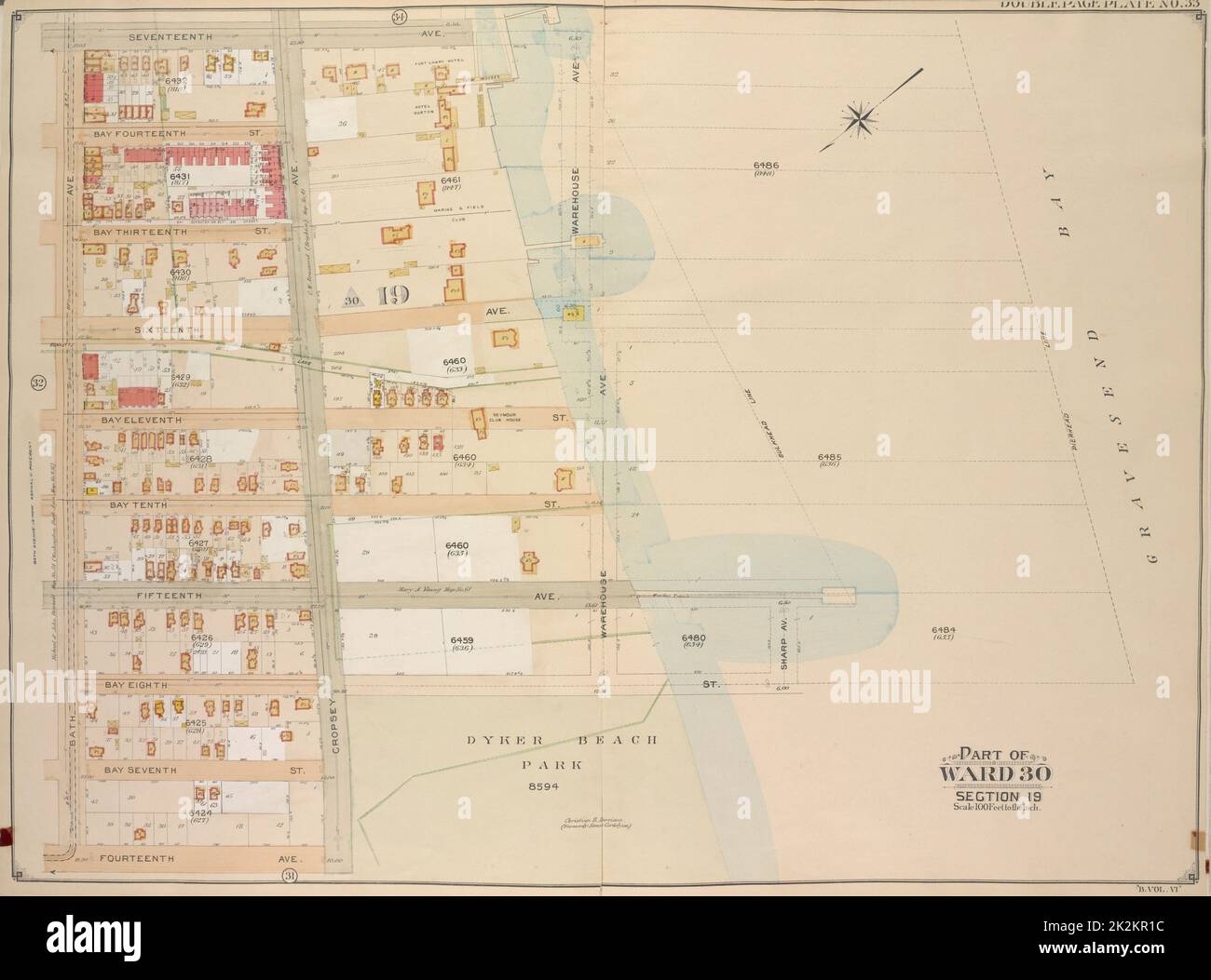 E.B. Hyde & Co. Cartographie, cartes. 1905. Lionel Pincus et Princess Firyal Map Division. Brooklyn (New York, New York) , Cartes, biens immobiliers , New York (État) , New York Brooklyn, vol. 6, plaque double page no 33; partie du quartier 30, section 19; carte délimitée par 17th Ave., Warehouse Ave., Sharp Ave.; y compris Bay Eighth St., Cropsey Ave., 14th Ave., Bath Ave Banque D'Images