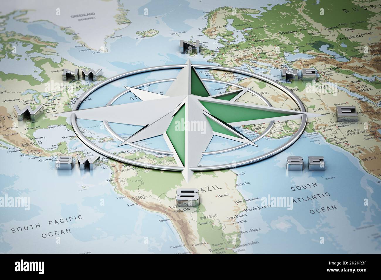 Symbole de boussole vintage indiquant les directions sur la carte du monde. 3D illustration Banque D'Images