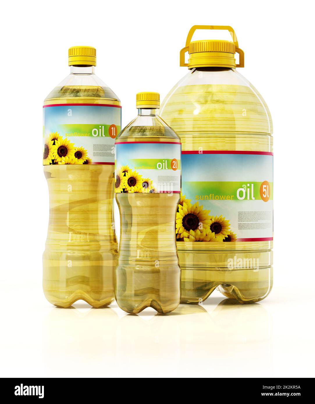 Bouteilles d'huile de tournesol avec étiquettes fictives isolées sur fond blanc. 3D illustration Banque D'Images