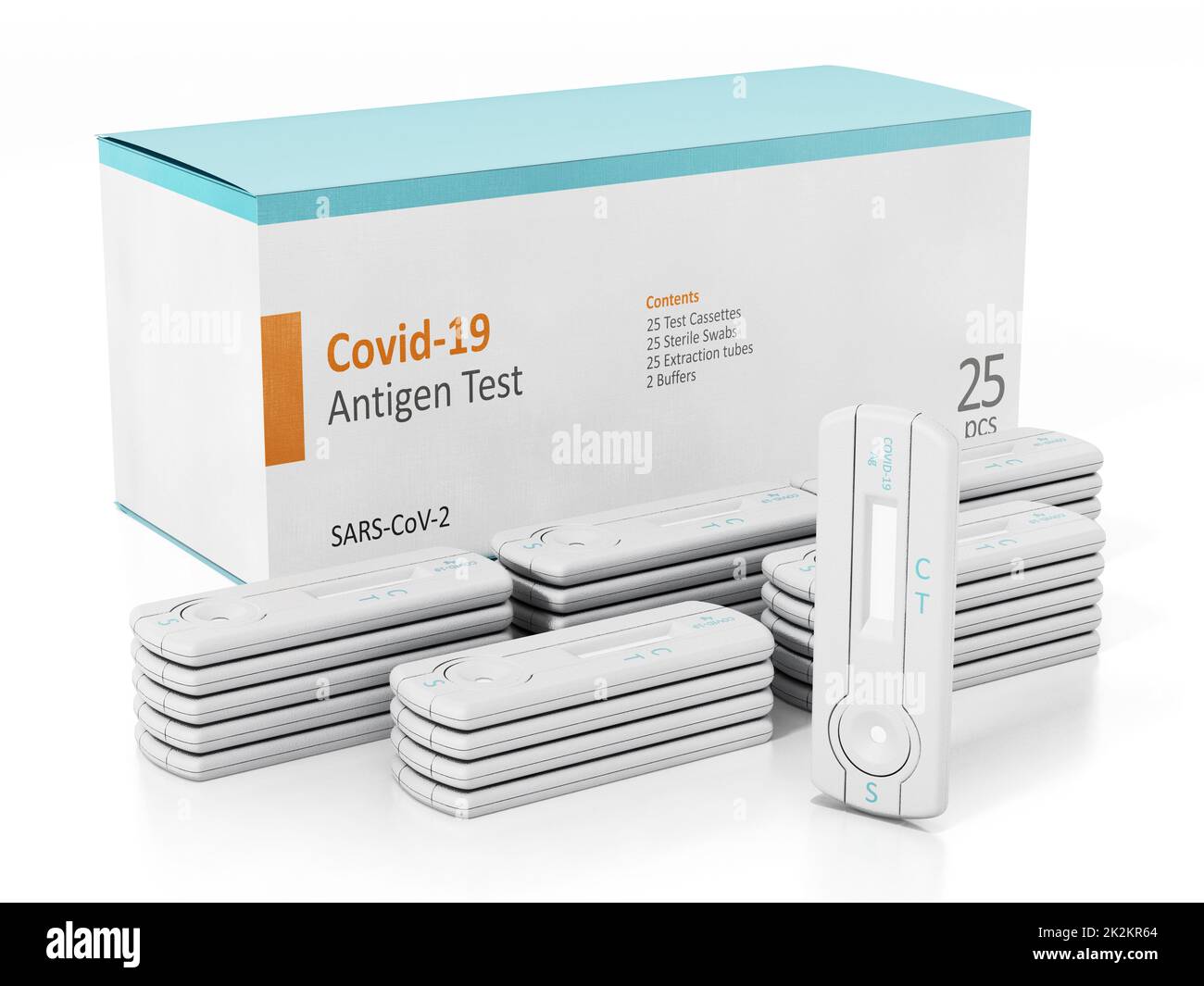 Kit de test d'antigène Covid-19 isolé sur fond blanc. 3D illustration Banque D'Images