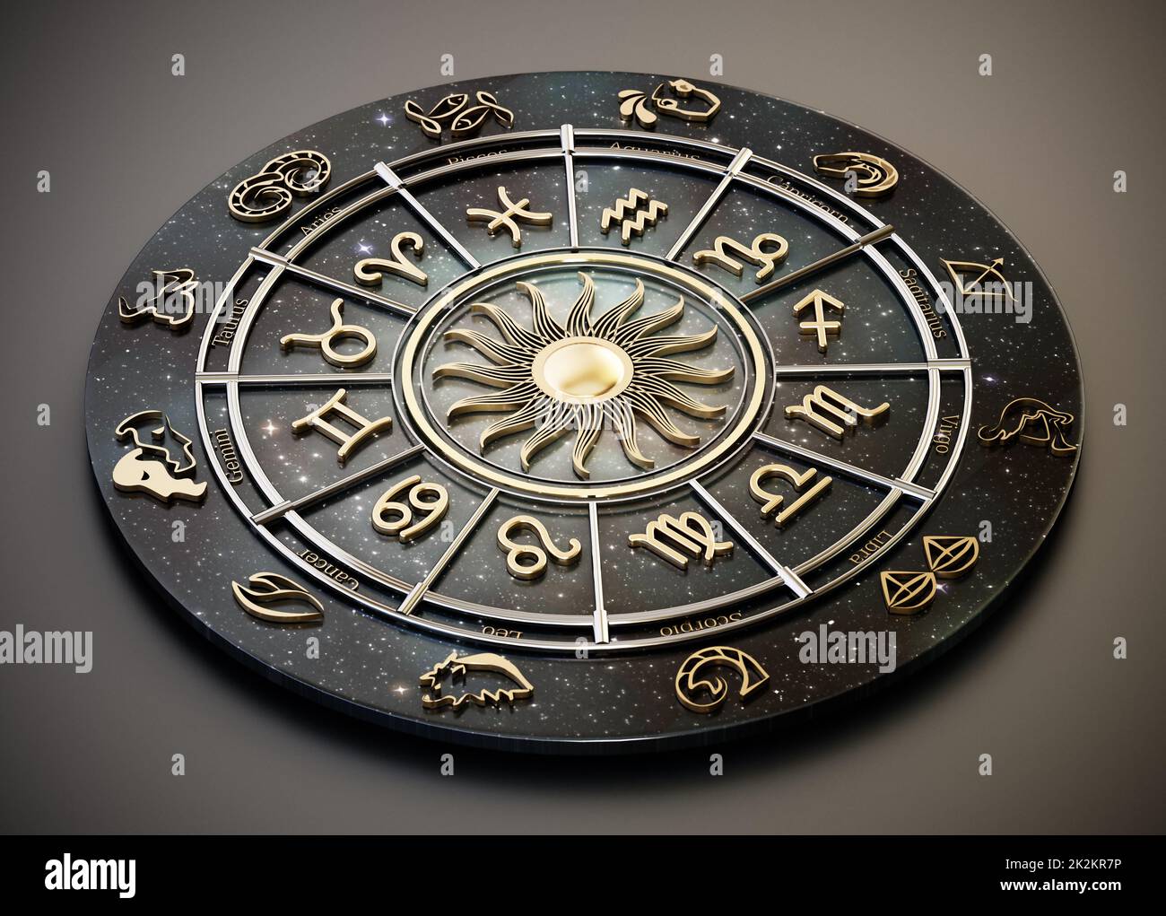 La roue de l'horoscope avec les signes du zodiaque et les constellations du zodiaque. 3D illustration Banque D'Images