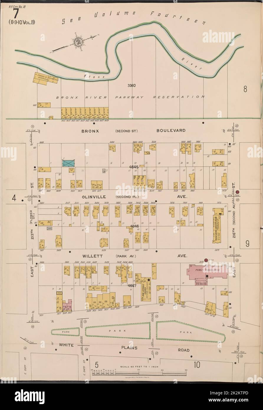 Cartographie, cartes. 1918. Lionel Pincus et Princess Firyal Map Division. Assurance-incendie , New York (État), biens immobiliers , New York (État), Villes et villages , New York (État) Bronx, V. 18, plaque no 7 carte délimitée par le boulevard Bronx, E. 216th St., chemin White Plains, E. 213th St. Banque D'Images