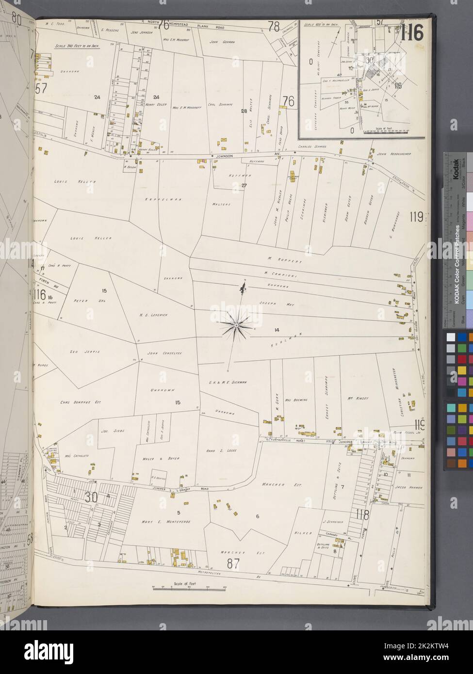 Cartographie, cartes. 1884 - 1936. Lionel Pincus et Princess Firyal Map Division. Assurance-incendie , New York (État), immobilier , New York (État), Villes et villages , New York (État) Queens V. 3, plaque no 116 carte délimitée par North Hempstead Plank Rd., Dry Harbour Rd., Metropolitan Ave., Juniper Rd Banque D'Images