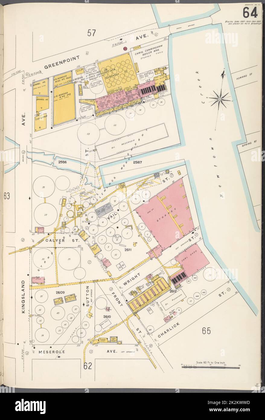 Cartographie, cartes. 1884 - 1936. Lionel Pincus et Princess Firyal Map Division. Assurance-incendie , New York (État), immobilier , New York (État), Villes et villages , New York (État) Brooklyn V. 4, plaque no 64 carte délimitée par Greenpoint Ave., Newtown Creek, Charlick St., Meserole Ave., Kingsland Ave Banque D'Images