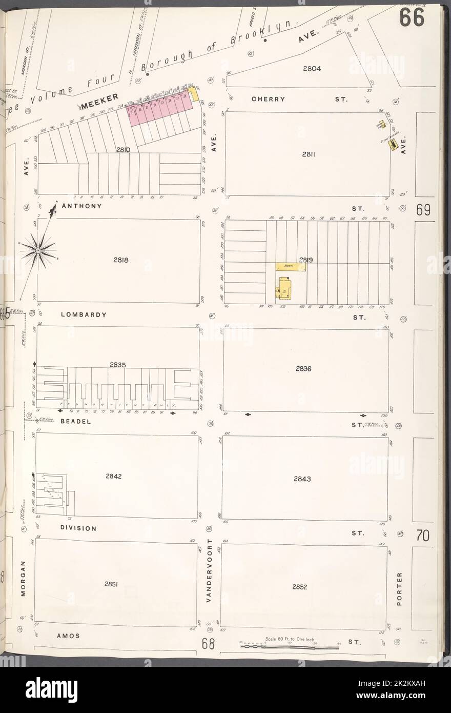 Cartographie, cartes. 1884 - 1936. Lionel Pincus et Princess Firyal Map Division. Assurance-incendie , New York (État), immobilier , New York (État), Villes et villages , New York (État) Brooklyn V. 9, plaque no 66 carte délimitée par Meeker Ave., porter Ave., Amos St., Morgan Ave Banque D'Images