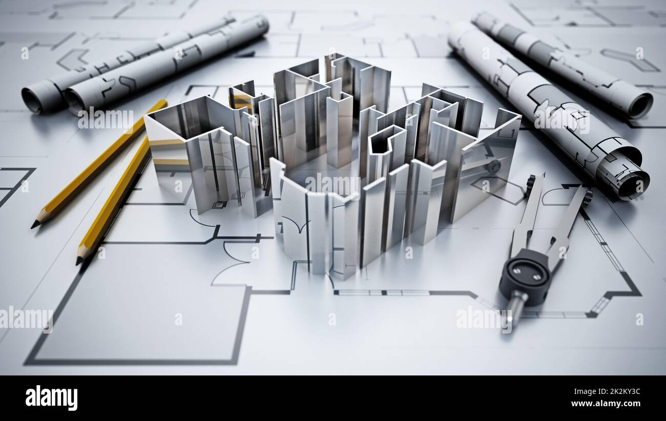 Plans architecturaux, modèle de maison, crayon et compas. 3D illustration Banque D'Images
