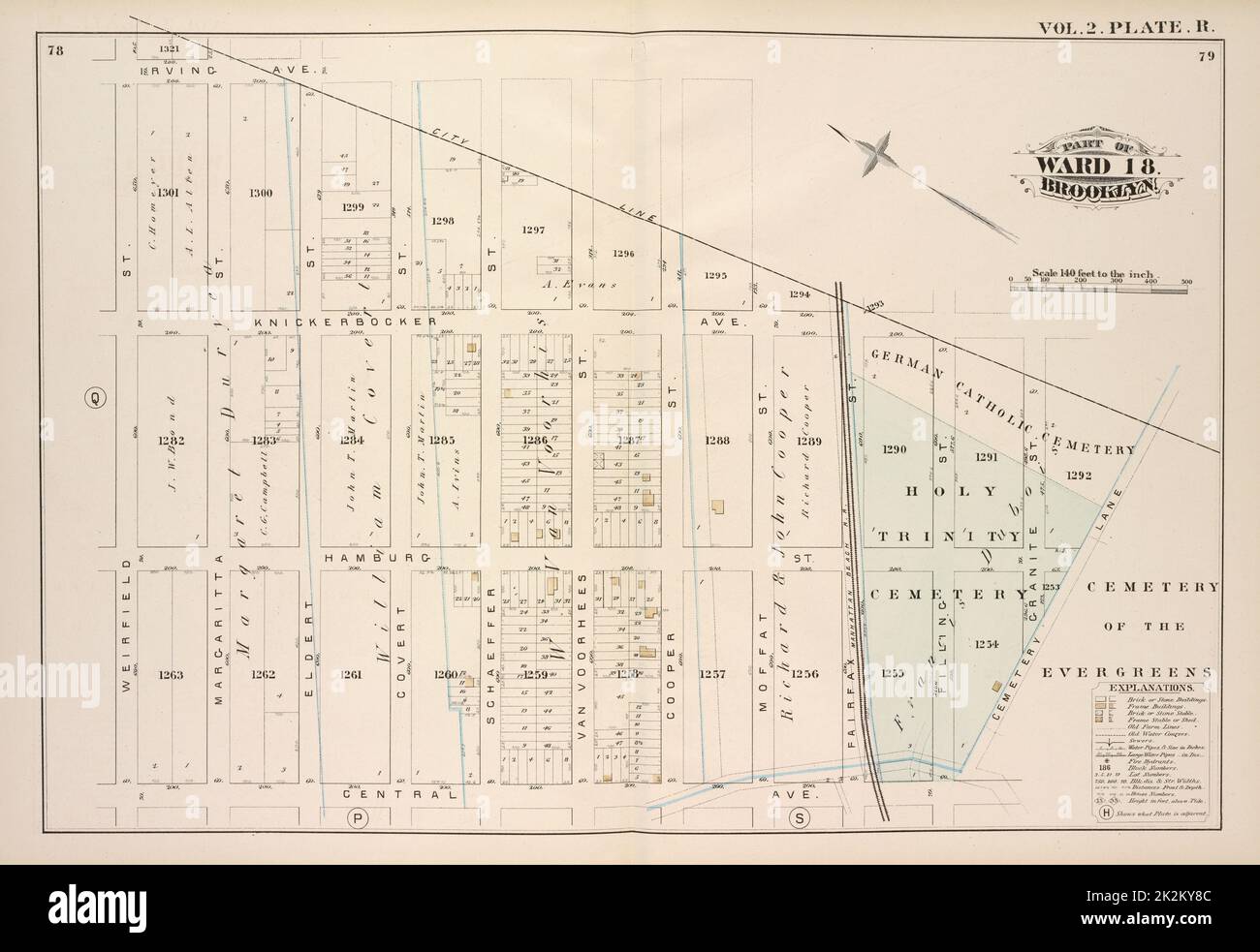 Cartographie, cartes. 1880. Lionel Pincus et Princess Firyal Map Division. Brooklyn (New York, N.Y.), immeubles , New York (État) , New York vol. 2. Plaque, R. carte reliée par la City Line, Cemetery Lane, Central Ave., Weirfield; y compris Irving Ave., Knickerbocker Ave., Hamburg St., Margaretta St., Eldert St., Covert St., Rue Schaeffer, rue Van Voorhees, rue Cooper, rue Moffat, rue Fairfax, Pilling St., Granite St. Banque D'Images