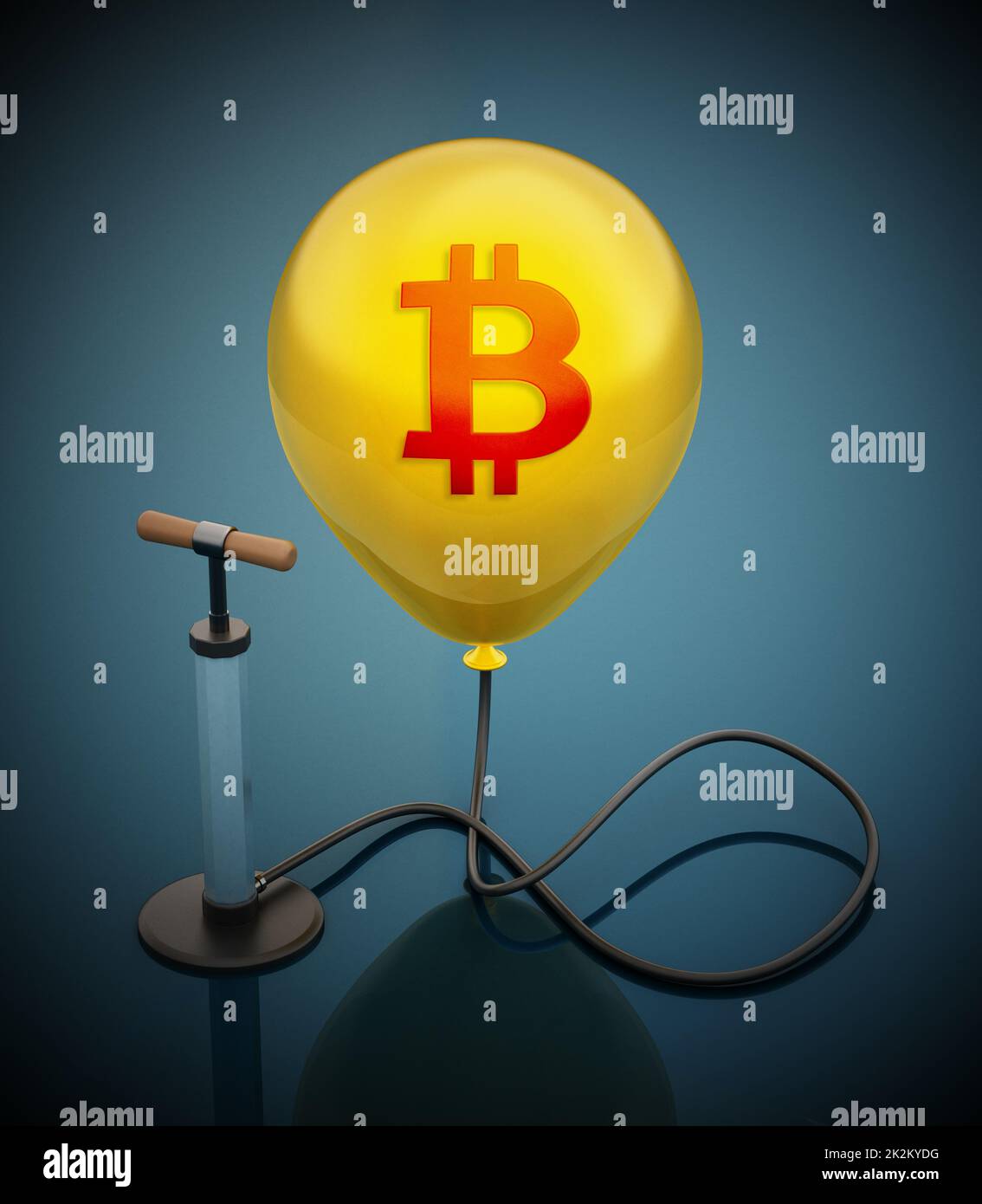 Pompe manuelle connectée au ballon jaune gonflé avec icône Bitcoin. 3D illustration Banque D'Images