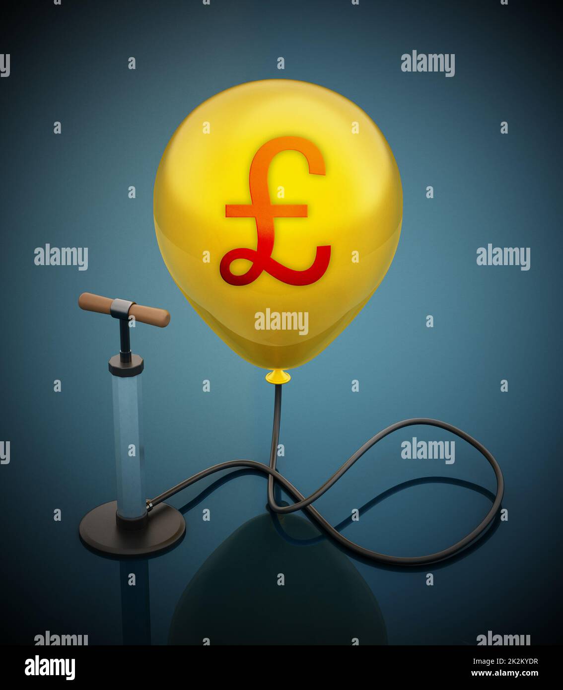 Pompe manuelle connectée au ballonnet jaune gonflé avec l'icône Pound. 3D illustration Banque D'Images