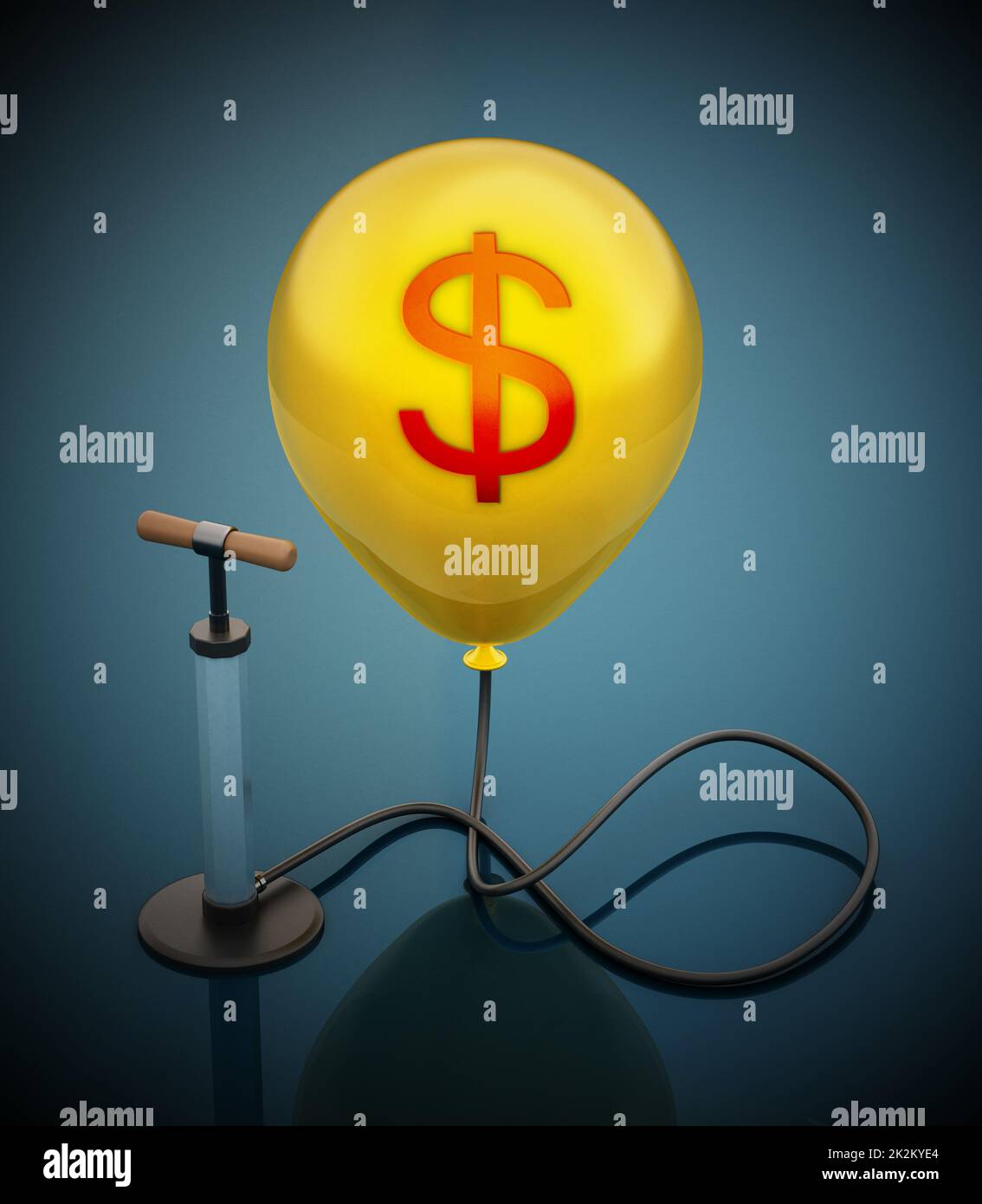 Pompe manuelle connectée au ballon jaune gonflé avec l'icône Dollar. 3D illustration Banque D'Images