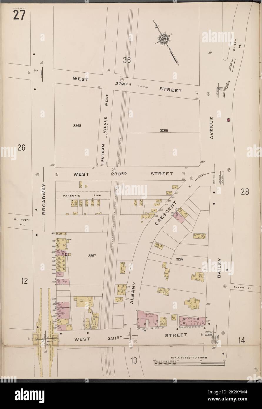 Cartographie, cartes. 1914. Lionel Pincus et Princess Firyal Map Division. Assurance incendie , New York (État), immobilier , New York (État), Villes et villages , New York (État) Bronx, V. 13, plaque no 27 carte délimitée par W. 234th St., Bailey Ave., W. 231st St., Broadway. Banque D'Images