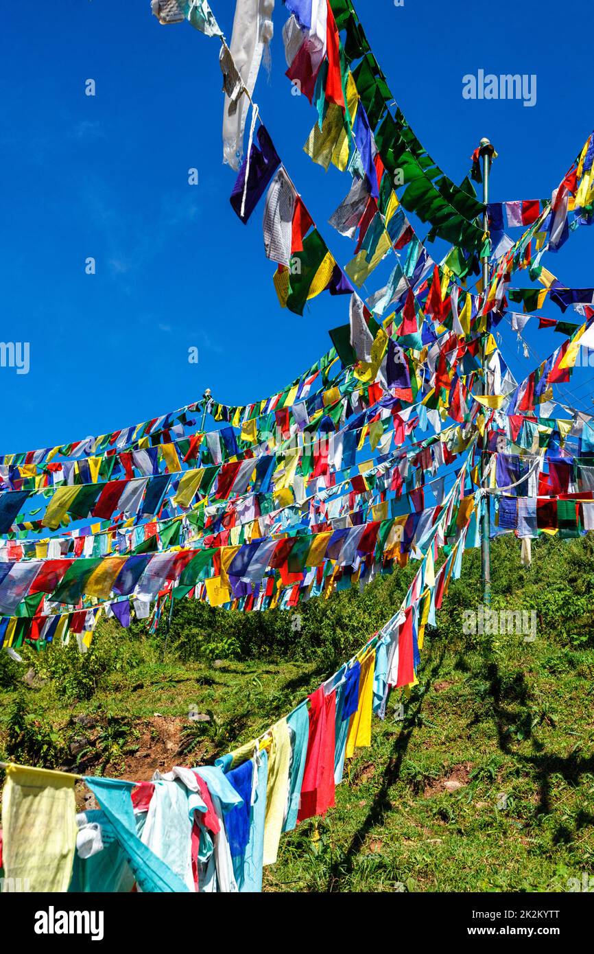 Drapeaux bouddhistes de prière lunga à McLeod Ganj, Himachal Pradesh, Inde Banque D'Images