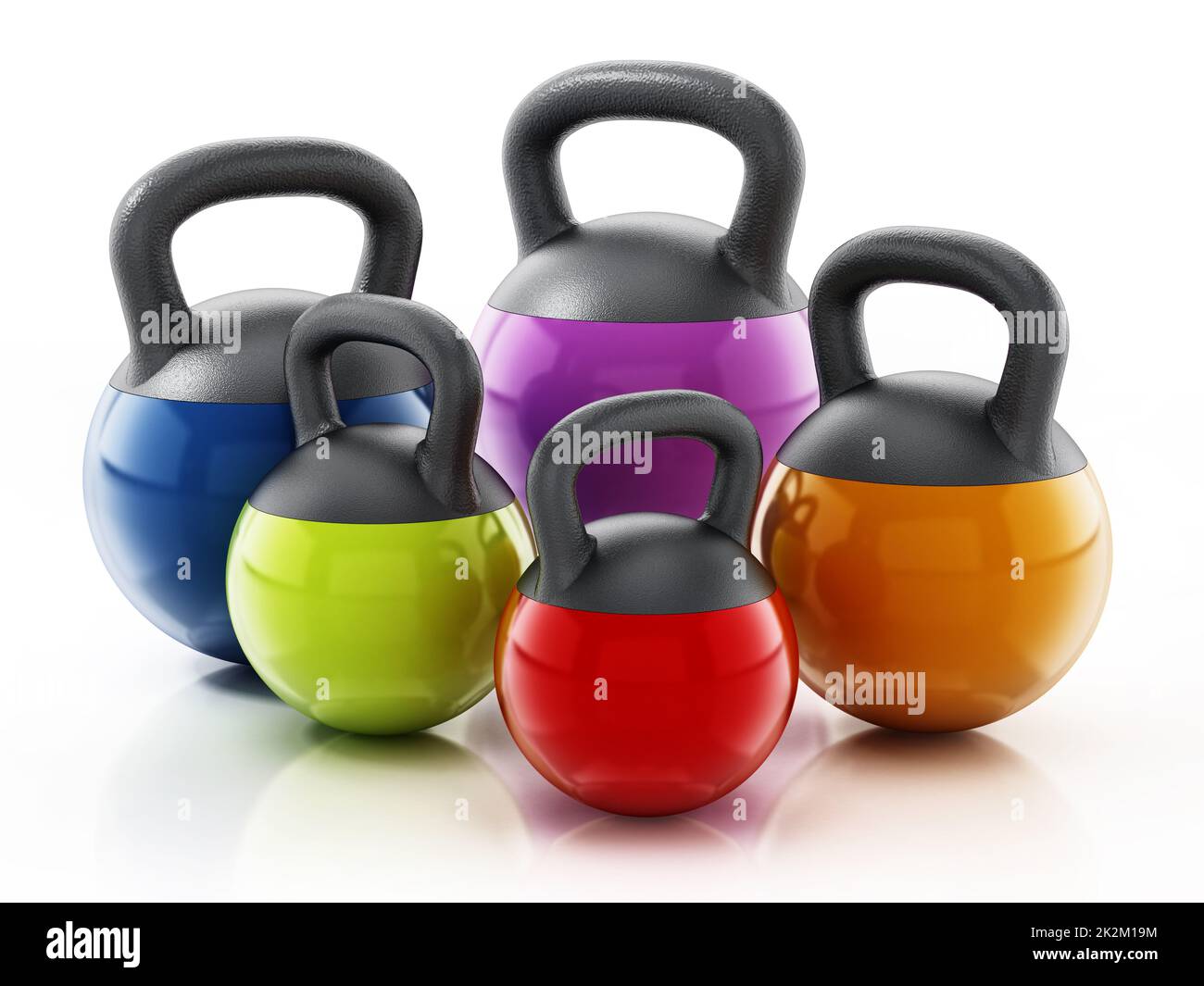 Groupe de kettlebells de différentes tailles isolés sur fond blanc. 3D illustration Banque D'Images