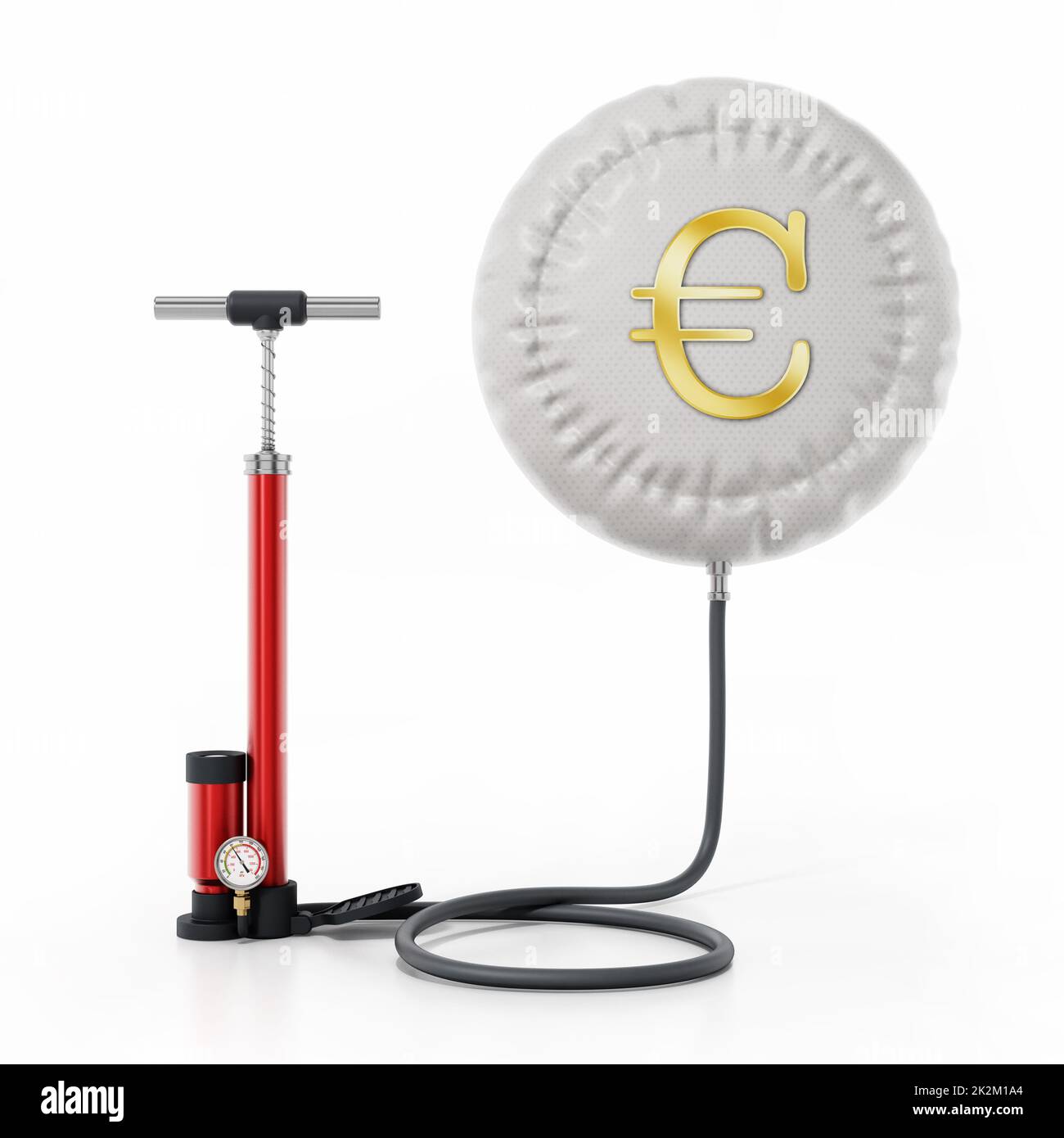 La pompe manuelle gonfle le ballon avec le symbole euro. 3D illustration Banque D'Images