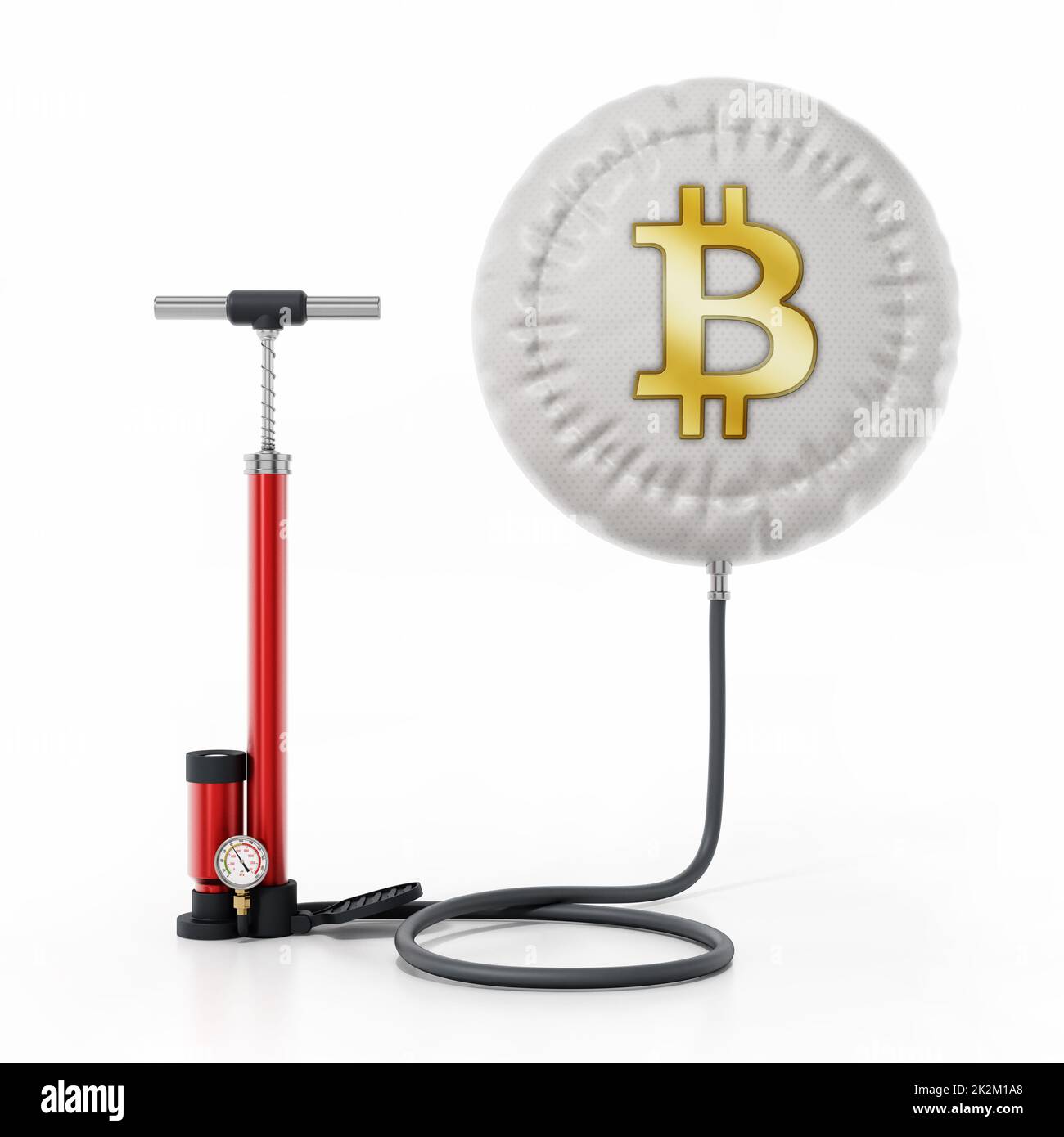 La pompe manuelle gonfle le ballon avec le symbole bitcoin. 3D illustration Banque D'Images