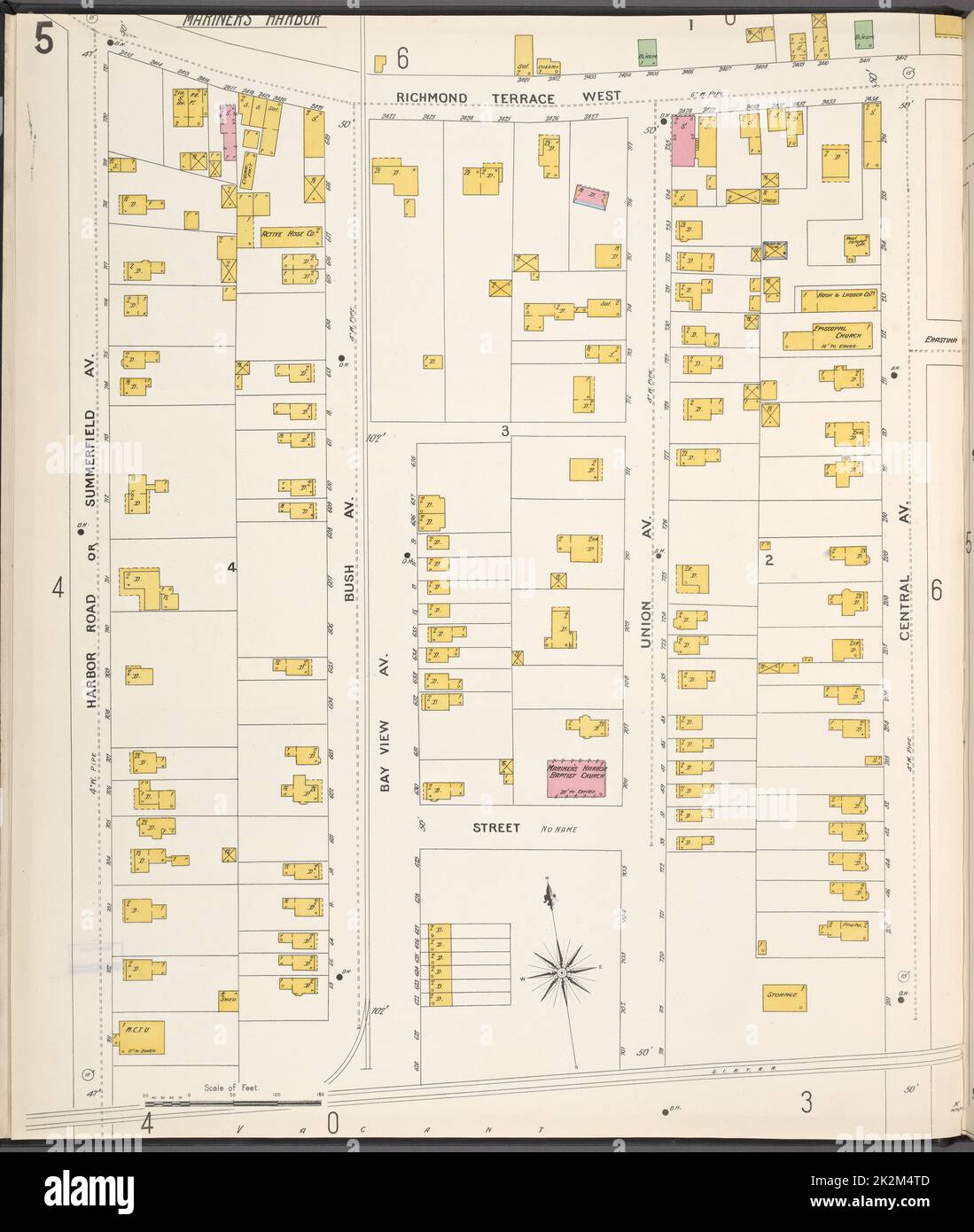 Cartographie, cartes. 1884 - 1936. Lionel Pincus et Princess Firyal Map Division. Assurance-incendie , New York (État), immobilier , New York (État), Villes et villages , New York (État) Richmond, plaque no 5 carte délimitée par Richmond Terrace West, Central Ave., Harror Rd Banque D'Images