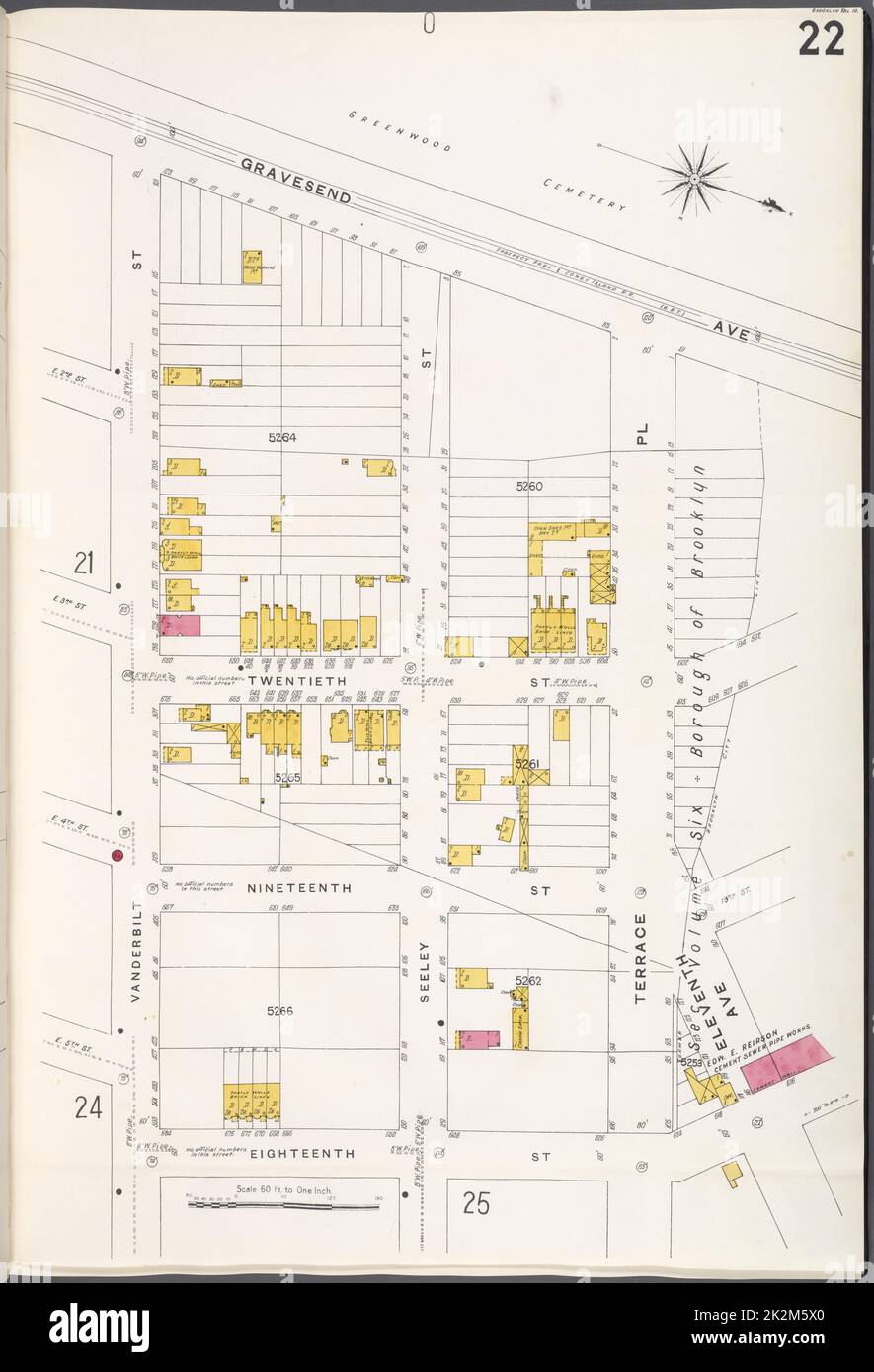 Cartographie, cartes. 1884 - 1936. Lionel Pincus et Princess Firyal Map Division. Assurance incendie , New York (État), immobilier , New York (État), Villes et villages , New York (État) Brooklyn V. 10, plaque no 22 carte délimitée par Gravesend Ave., Terrace PL., 18th St., Vanderbilt St. Banque D'Images