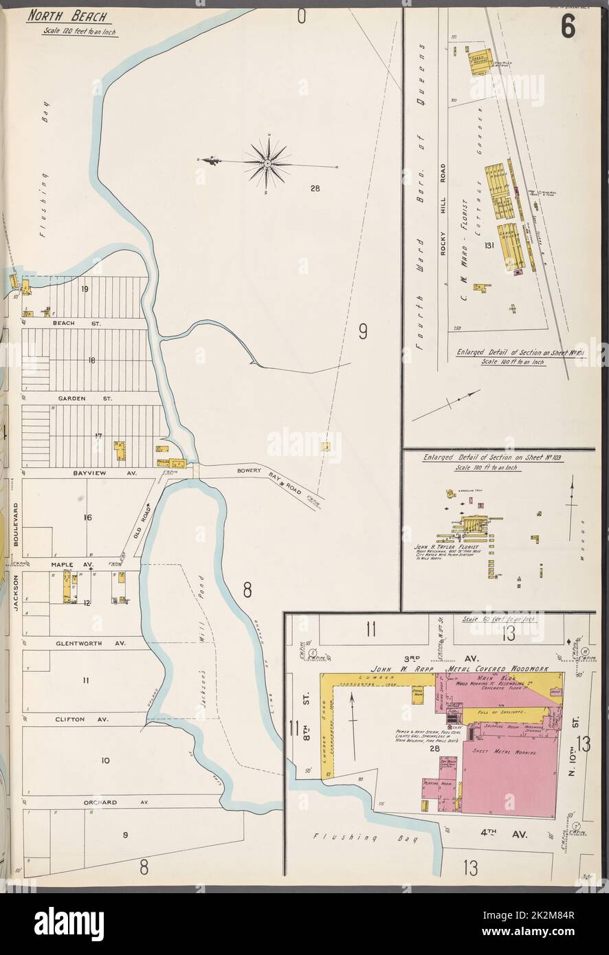 Cartographie, cartes. 1884 - 1936. Lionel Pincus et Princess Firyal Map Division. Assurance-incendie , New York (État), immobilier , New York (État), Villes et villages , New York (État) Queens V. 5, plaque no 6 carte délimitée par Flushing Bay, Orchard Ave., Jackson Blvd., 8th St., 3rd Ave., N.10th, rue 4th, avenue, chemin Rocky Hill Banque D'Images