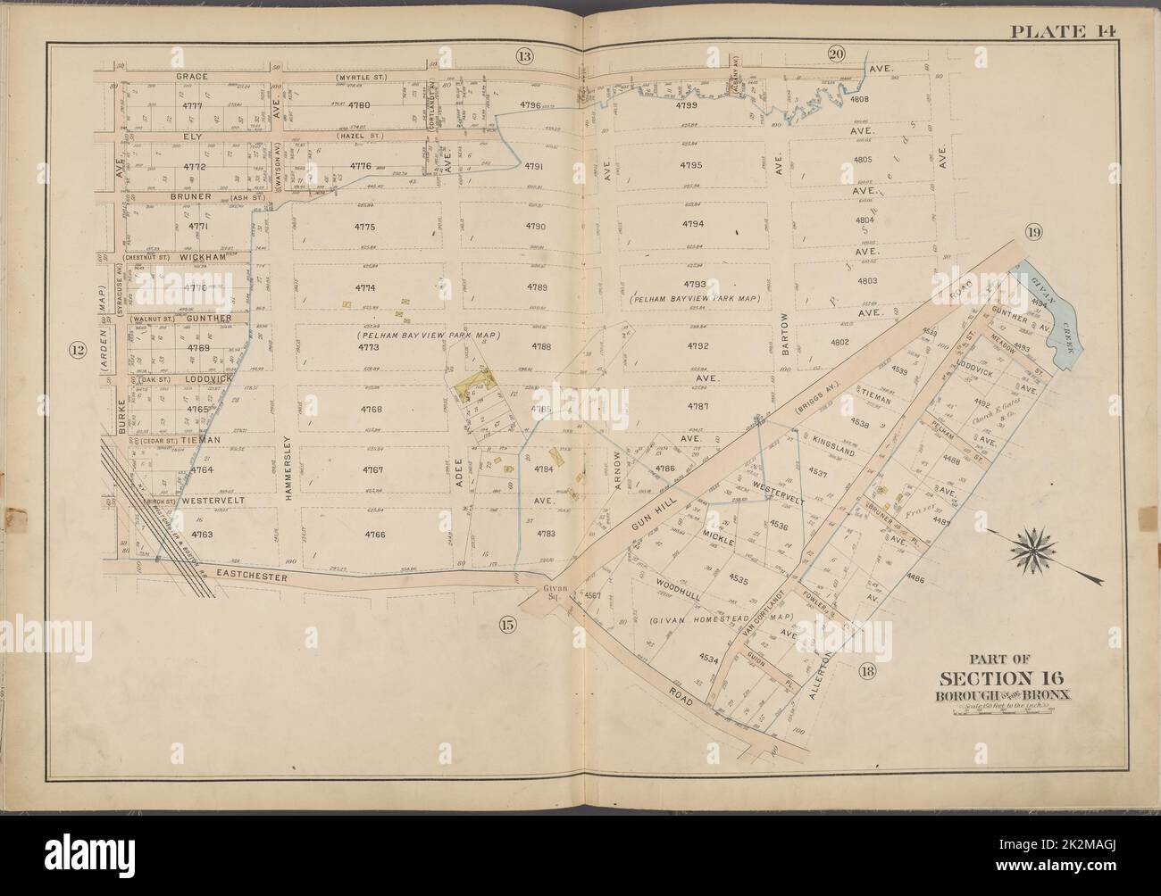 Cartographie, cartes. 1913. Lionel Pincus et Princess Firyal Map Division. Bronx (New York, New York), New York (New York) Plaque 14 carte délimitée par Grace Ave., Allerton Ave., Eastchester Rd., Burke Ave Banque D'Images