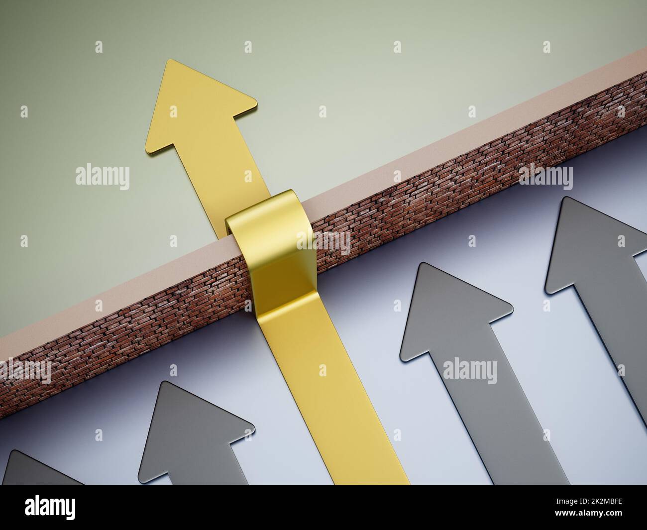 Flèche dorée surmontant le mur de l'obstacle. 3D illustration Banque D'Images