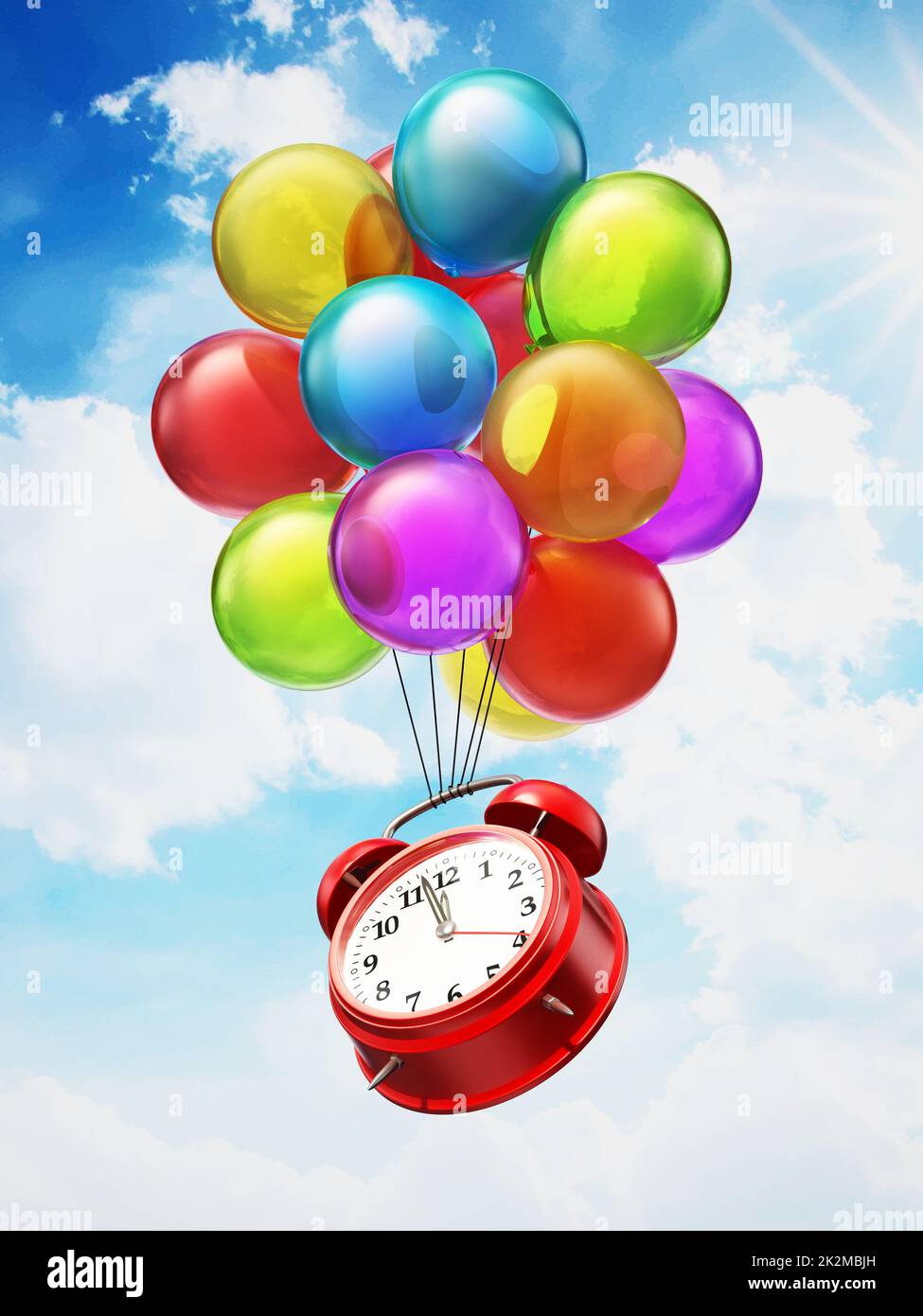 Réveil rouge fixé à des ballons colorés. 3D illustration Banque D'Images