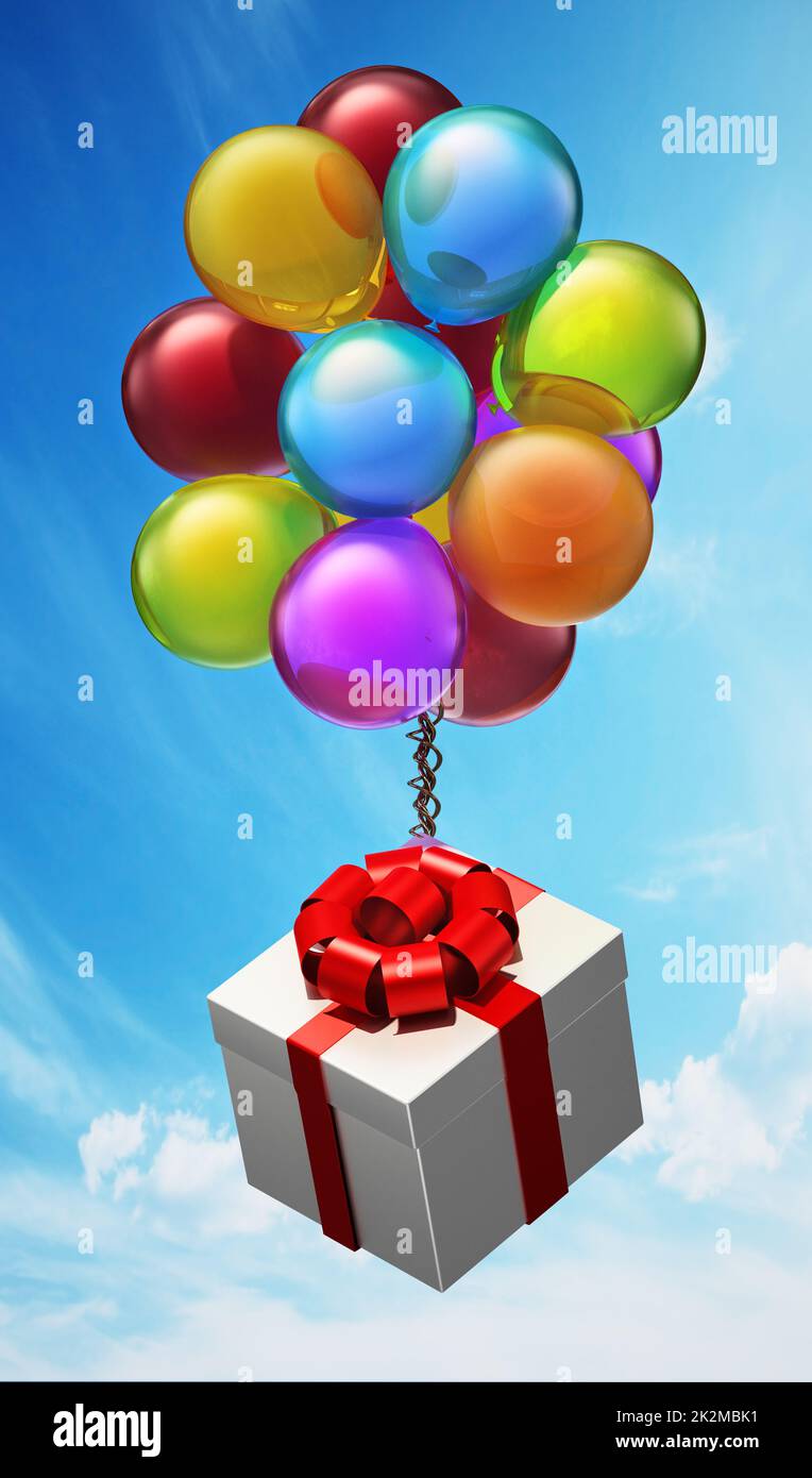 Ballons volants colorés attachés à la boîte cadeau. 3D illustration Banque D'Images