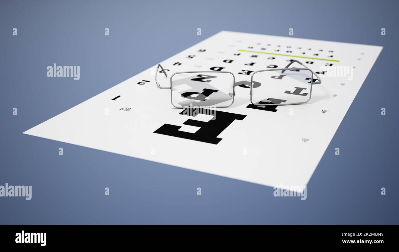 Tableau de test de vision et lunettes. 3D illustration Banque D'Images