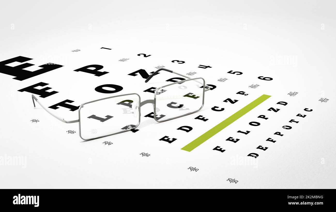 Tableau de test de vision et lunettes. 3D illustration Banque D'Images