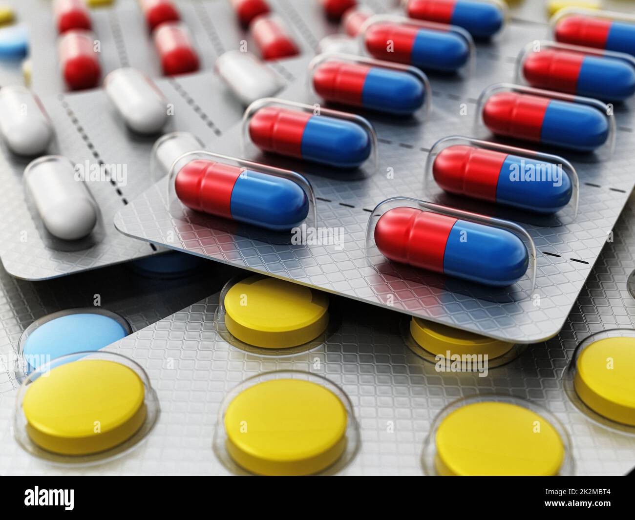 Pile de pilules colorées en blister. 3D illustration Banque D'Images