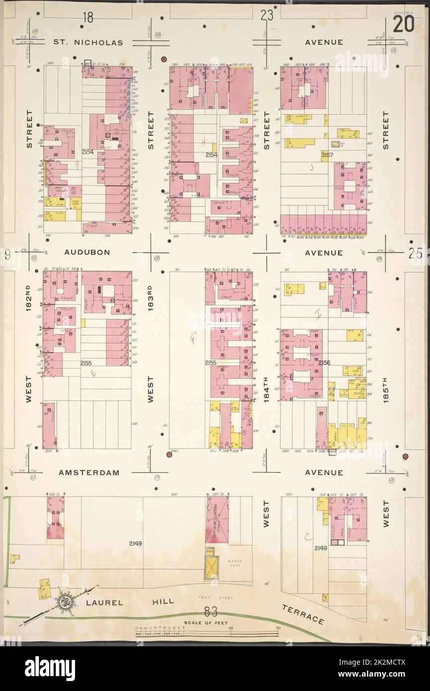 Cartographie, cartes. 1913. Lionel Pincus et Princess Firyal Map Division. Assurance incendie , New York (État), immobilier , New York (État), Villes et villages , New York (État) Manhattan, V. 12, plaque no 20 carte délimitée par St. Nicholas Ave., W. 185th St., Laurel Hill Terrace, W. 182nd St. Banque D'Images