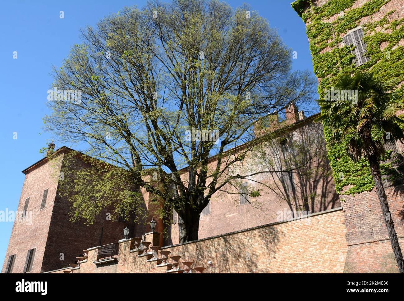 Pomaro Monferrato est un petit village médiéval qui se dresse sur un hilack près de l'imposant château en brique ancien avec une vue sur les collines. Banque D'Images