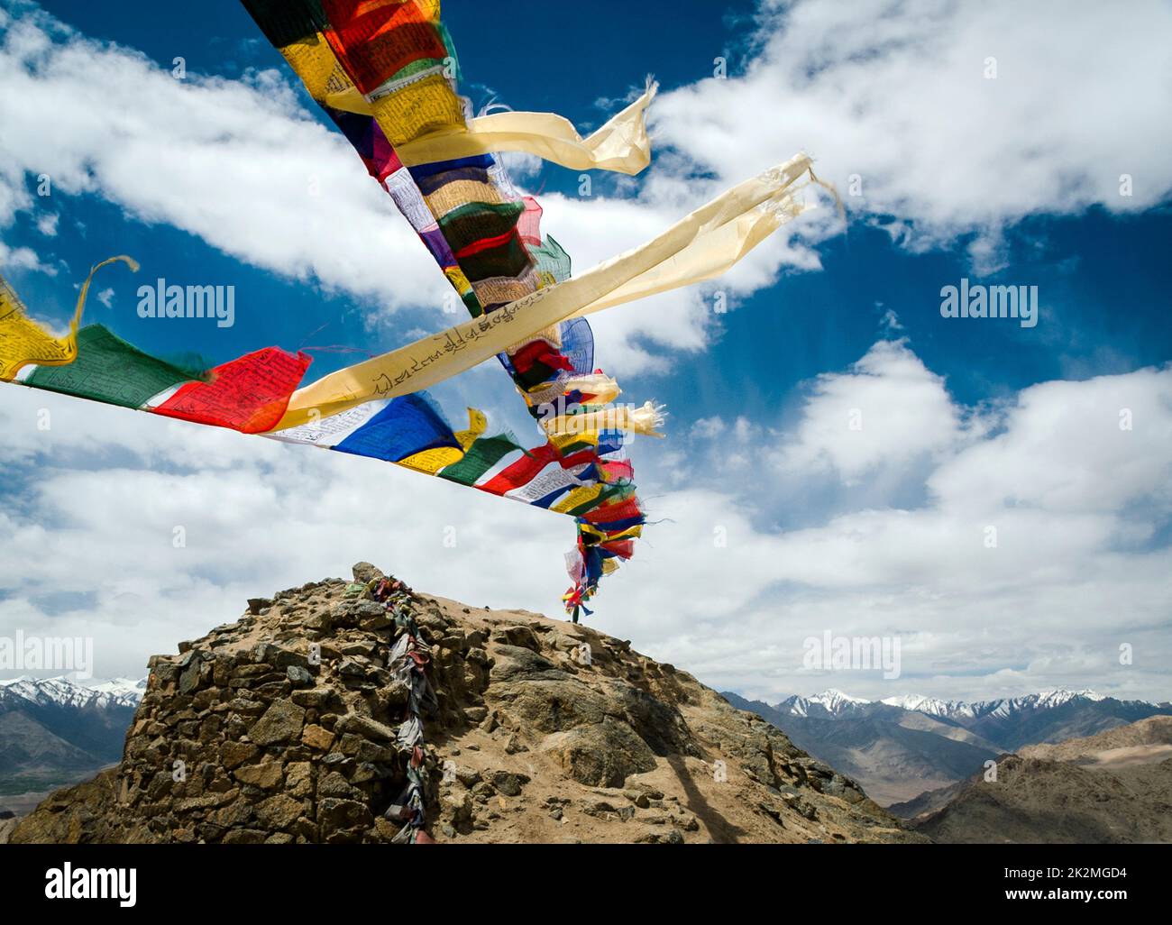 Prière drapeaux tibétains au monastère Namgyal tsemo, Leh, Ladakh, Jammu-et-Cachemire, Inde Banque D'Images