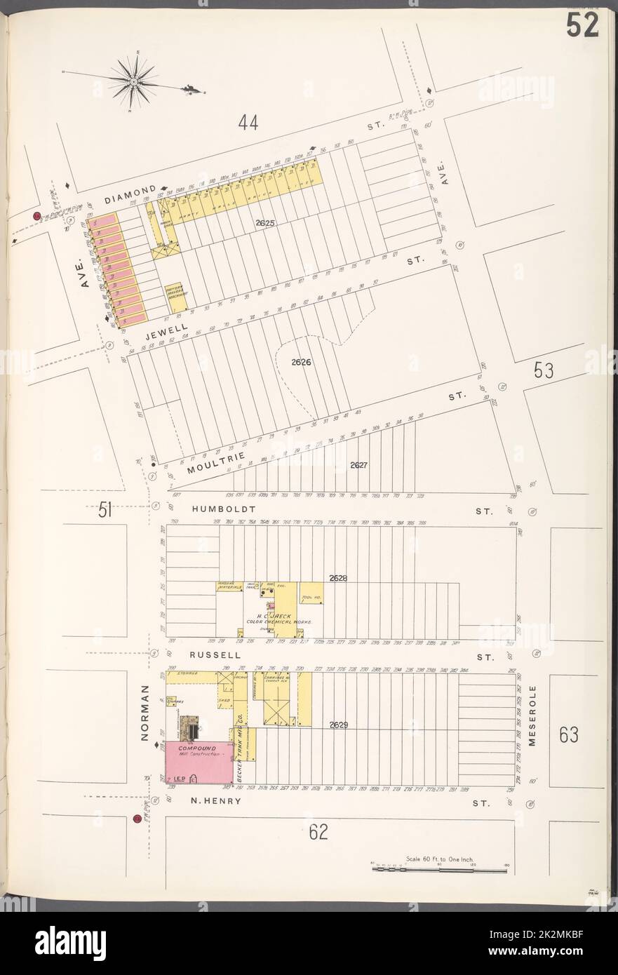 Cartographie, cartes. 1884 - 1936. Lionel Pincus et Princess Firyal Map Division. Assurance incendie , New York (État), immobilier , New York (État), Villes et villages , New York (État) Brooklyn V. 4, plaque no 52 carte délimitée par Diamond St., Meserole Ave., N. Henry St., Norman Ave Banque D'Images