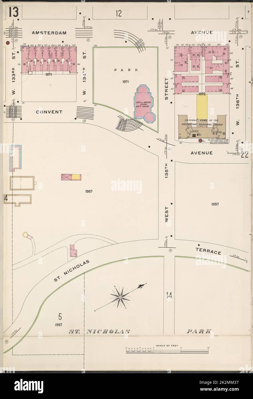 Cartographie, cartes. 1884 - 1936. Lionel Pincus et Princess Firyal Map Division. Assurance incendie , New York (État), immobilier , New York (État), Villes et villages , New York (État) Manhattan, V. 11, plaque no 13 carte délimitée par Amsterdam Ave., W. 136th St., St. Nicholas Terrace, W. 133rd St. Banque D'Images