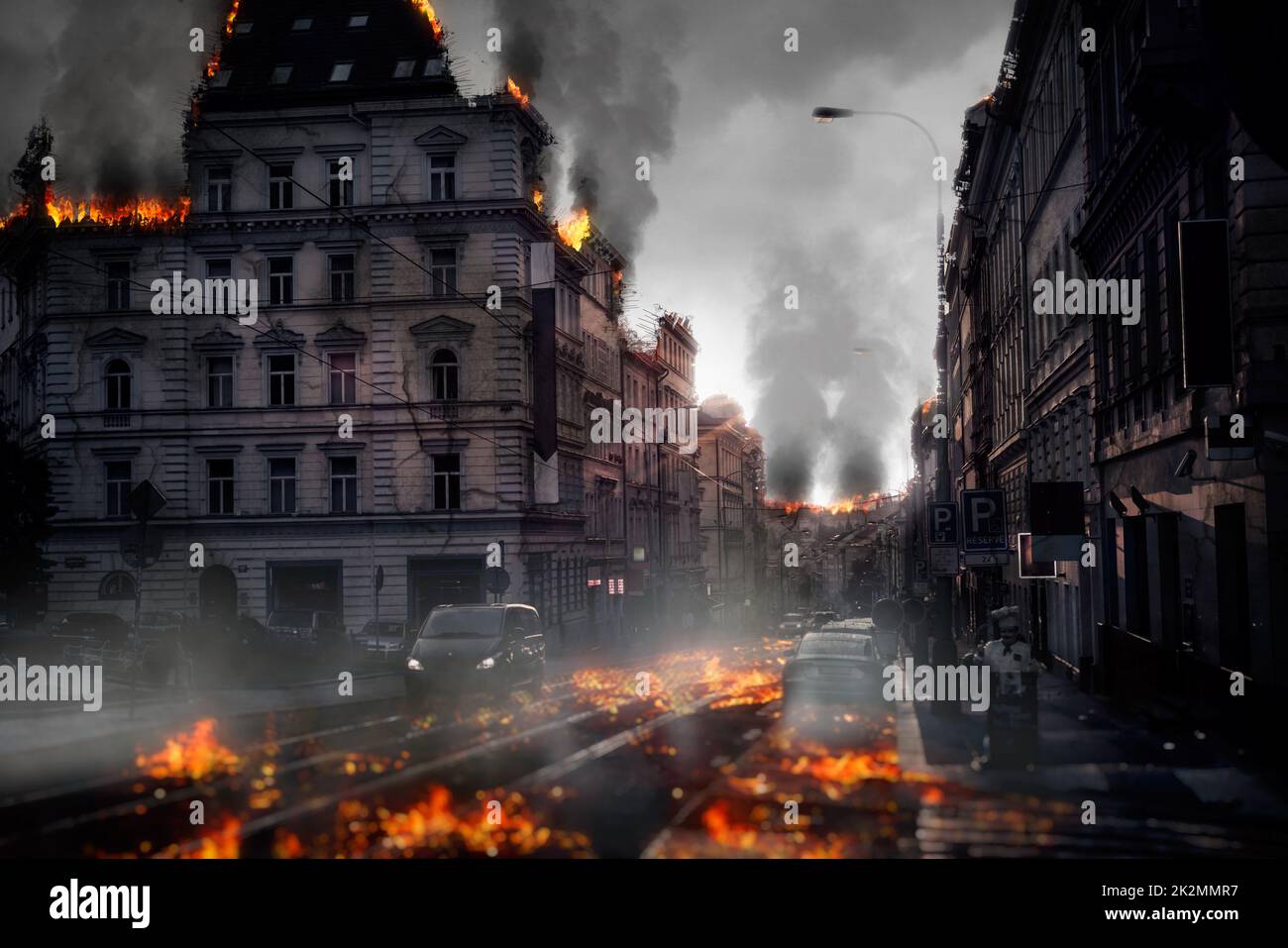 Concept de la ville détruite. Illustration numérique Banque D'Images