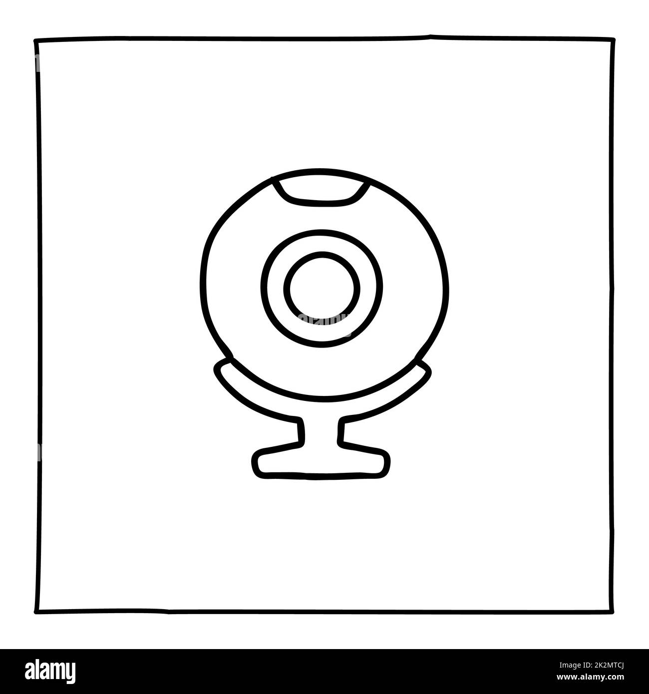 Doodle web CAM icône ou logo d'ordinateur, dessiné à la main avec une fine ligne noire. Banque D'Images