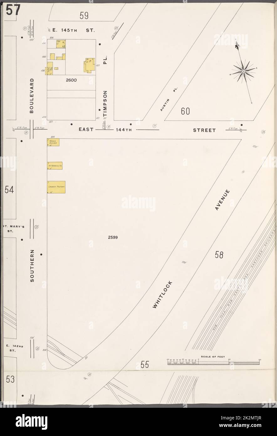 Cartographie, cartes. 1908. Lionel Pincus et Princess Firyal Map Division. Assurance-incendie , New York (État), biens immobiliers , New York (État), Villes et villages , New York (État) Bronx, V. 9, plaque no 57 carte délimitée par Southern Blvd., E. 145th St., Whitlock Ave Banque D'Images