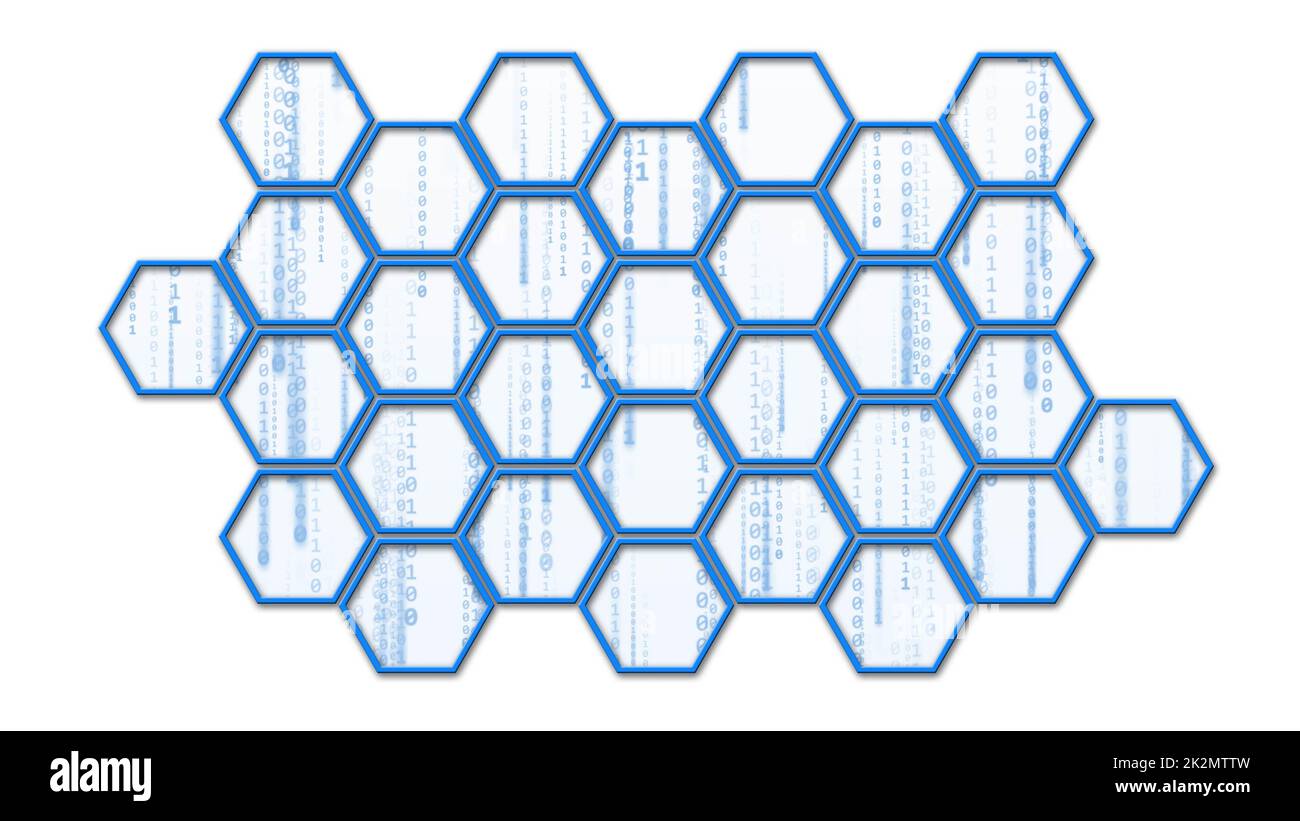Arrière-plan technologique abstrait avec des lignes de code binaire visibles derrière une mosaïque d'hexagones Banque D'Images