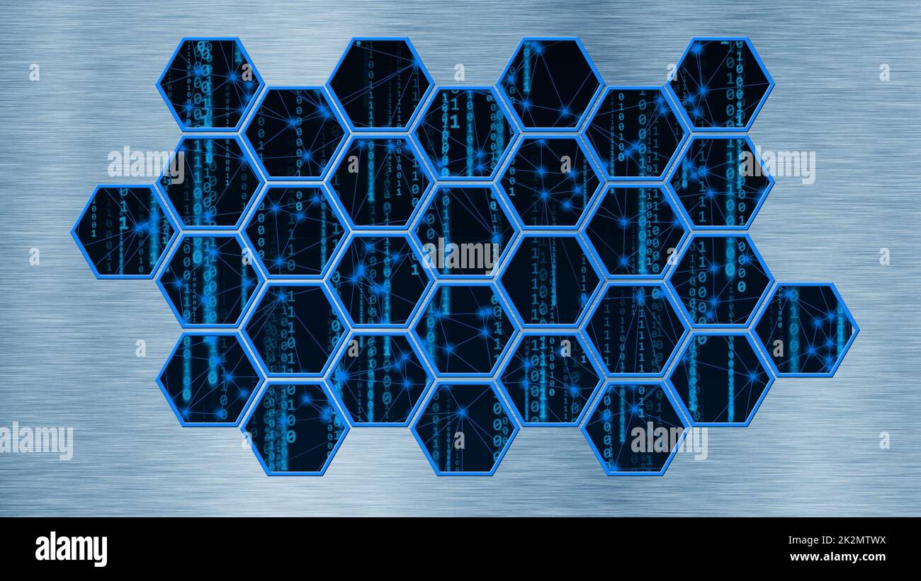 Arrière-plan technologique abstrait avec des lignes de code binaire visibles derrière une mosaïque d'hexagones Banque D'Images