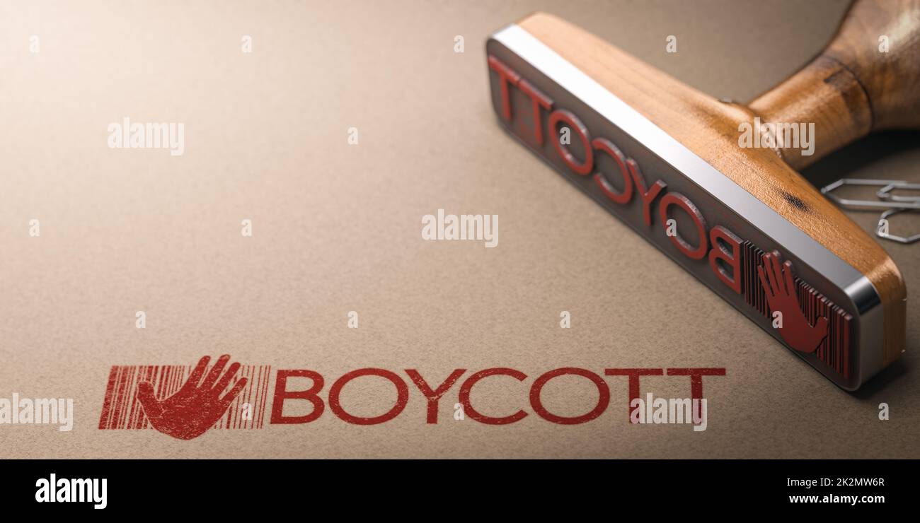 Concept d'activisme. Boycott imprimé sur papier kraft avec tampon et espace de copie. Banque D'Images