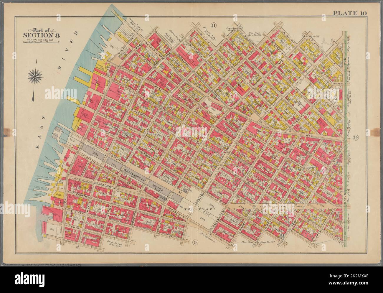 Bromley, George Washington. Cartographie, cartes, atlas, levés de terrain. 1908. Lionel Pincus et Princess Firyal Map Division. Brooklyn (New York, New York) , Plaque de cartes 10 : délimitée par l'avenue Metropolitan, l'avenue Kent, la rue N. Third, l'avenue Wythe, la rue N. Fifth, Berry St., N. Seventh St., Bedford Ave., N. Ninth St., Driggs Ave., N. 10th, rue Roebling, avenue Union, rue S. second, rue Hooper, S. Third St., Keap St., S. Fourth St., Rodney St., S. 5th St., Marcy Ave., Broadway, S. Roebling St., S. Ninth St., Bedford Ave., S. Tenth St., Berry St., S. 11th St., Kent Ave. Et River St. planche 10 Banque D'Images