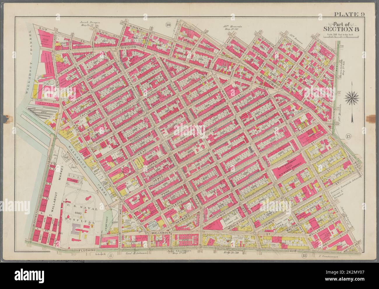 Bromley, George Washington. Cartographie, cartes, atlas, levés de terrain. 1908. Lionel Pincus et Princess Firyal Map Division. Brooklyn (New York, New York) , Plaque 9 de cartes : délimitée par la rue S. 11th, rue Berry, rue S. 10th, avenue Bedford, rue S. Ninth, Roebling Street, Broadway, Marcy Avenue, S. Fifth Street, Rodney Street, S. Fourth Street, Keap Street, S. Third Street, Hooper Street, S. second Street, Union Avenue, Broadway, Throop Avenue, Lorimer Street, Harrison Avenue, Flushing Avenue, Washington Avenue & et Kent Avenue plate 9 Banque D'Images