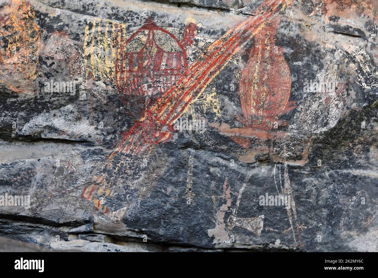 Art rupestre aborigène : barramundis-rouge tortue-jaune goanna. Ubirr-Kakadu-Australie-185 Banque D'Images