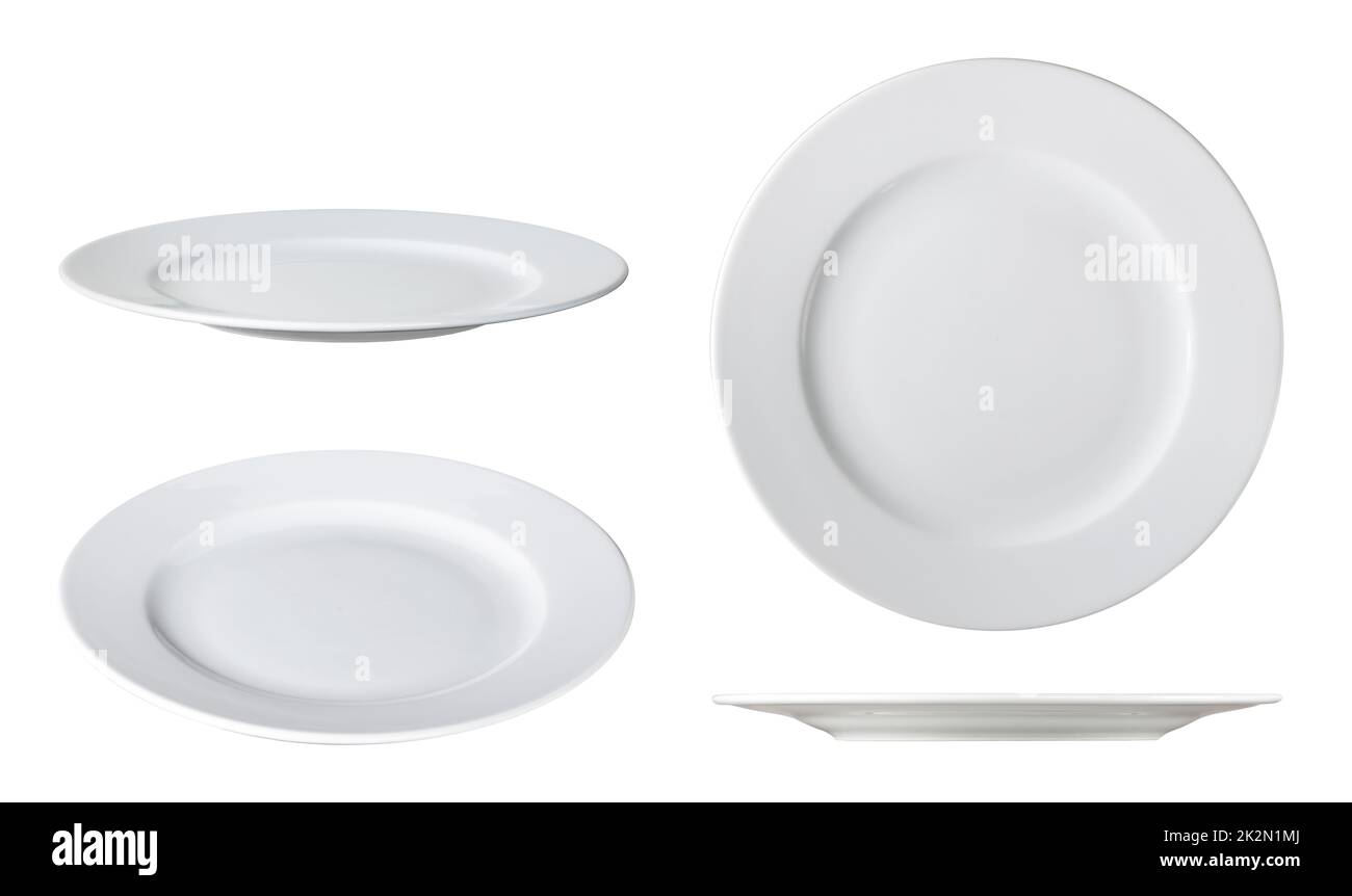 assiettes à dîner blanches sur blanc avec chemin d'écrêtage différents angles Banque D'Images